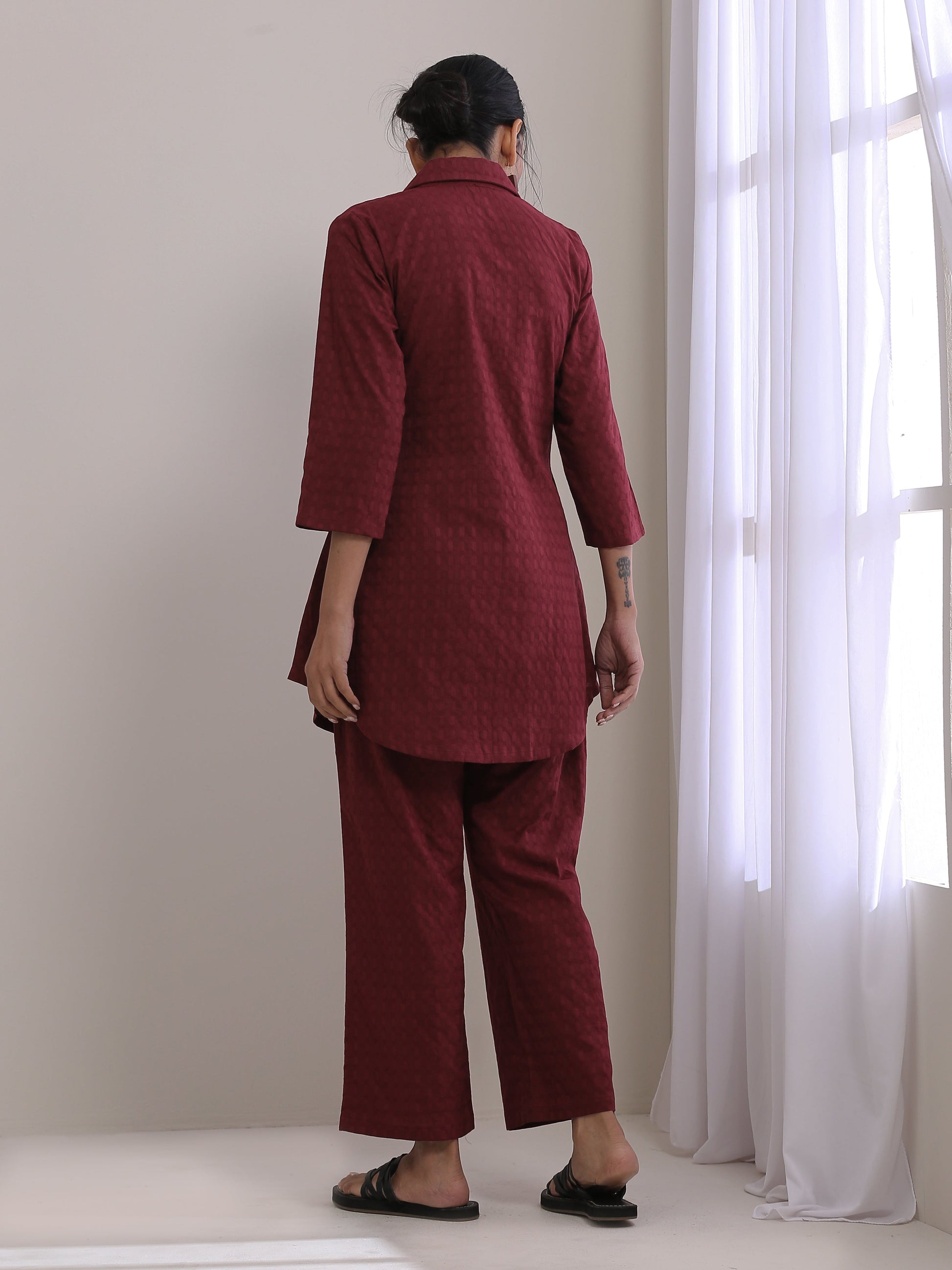 trueBrowns Ruby Wine Dobby Collar Short Co-Ord Set - Swadesiicart