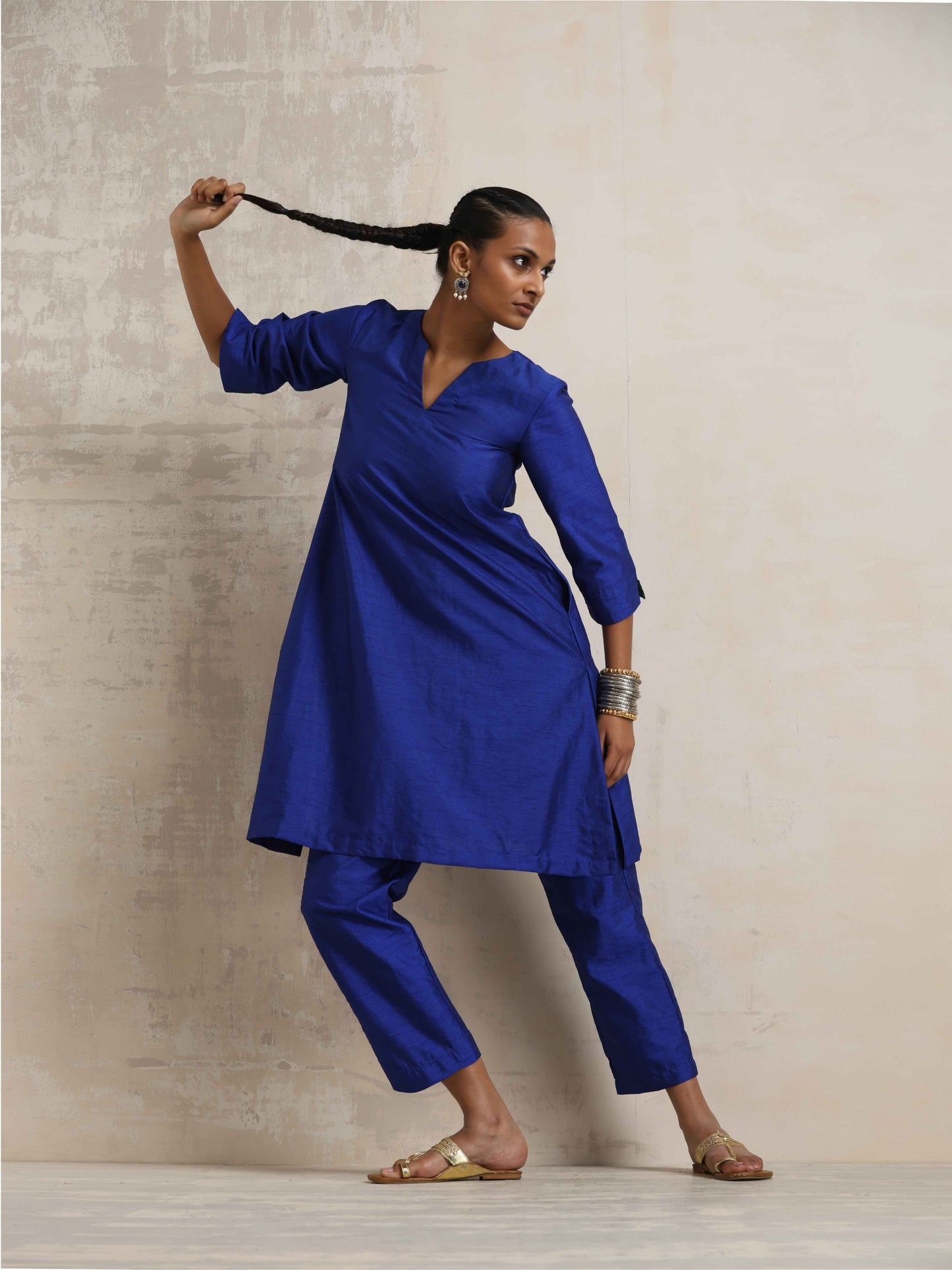 trueBrowns Blue Silk Kurta Co-ord Set - Swadesiicart