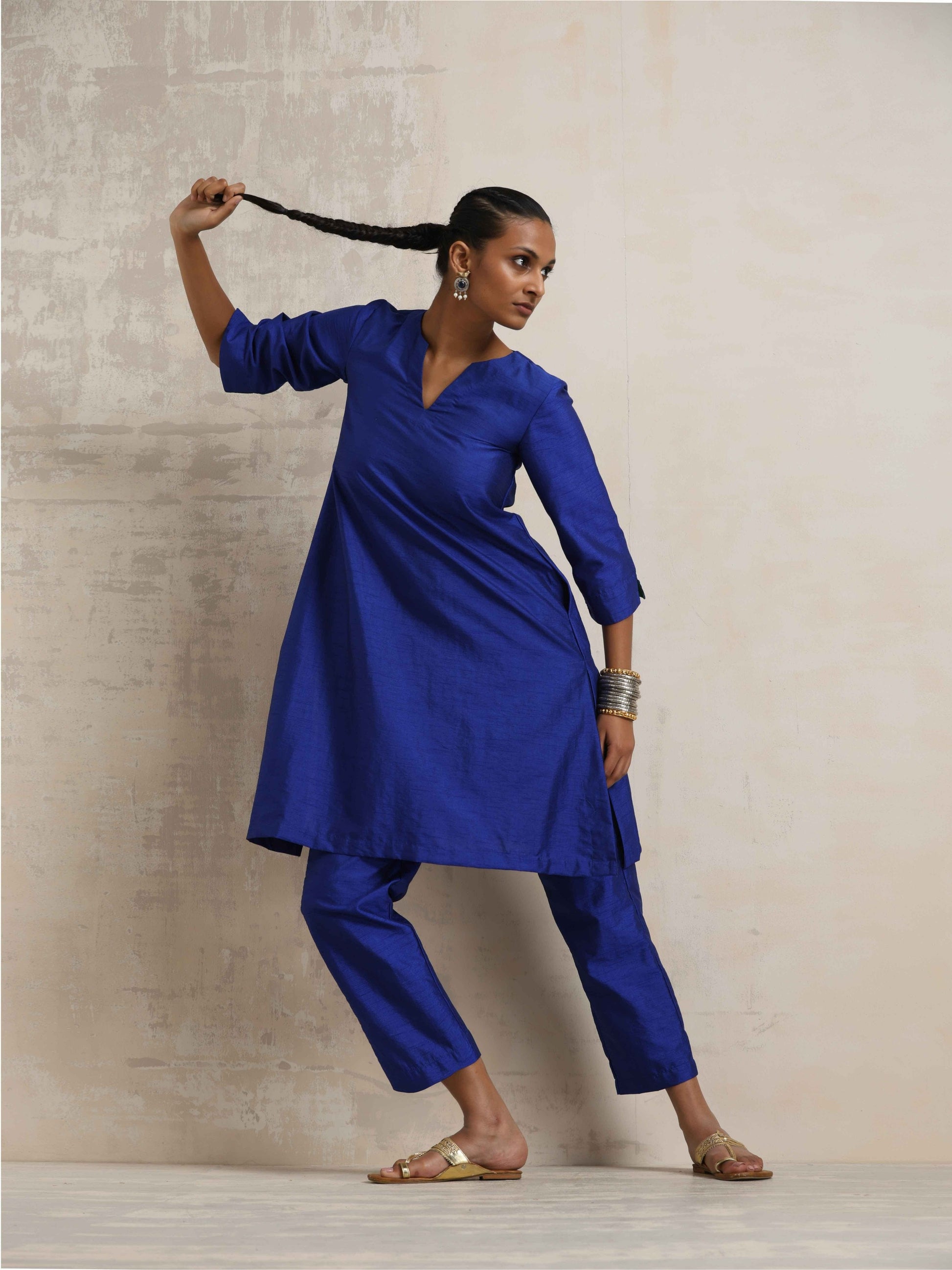 trueBrowns Blue Silk Kurta Co-ord Set - Swadesiicart