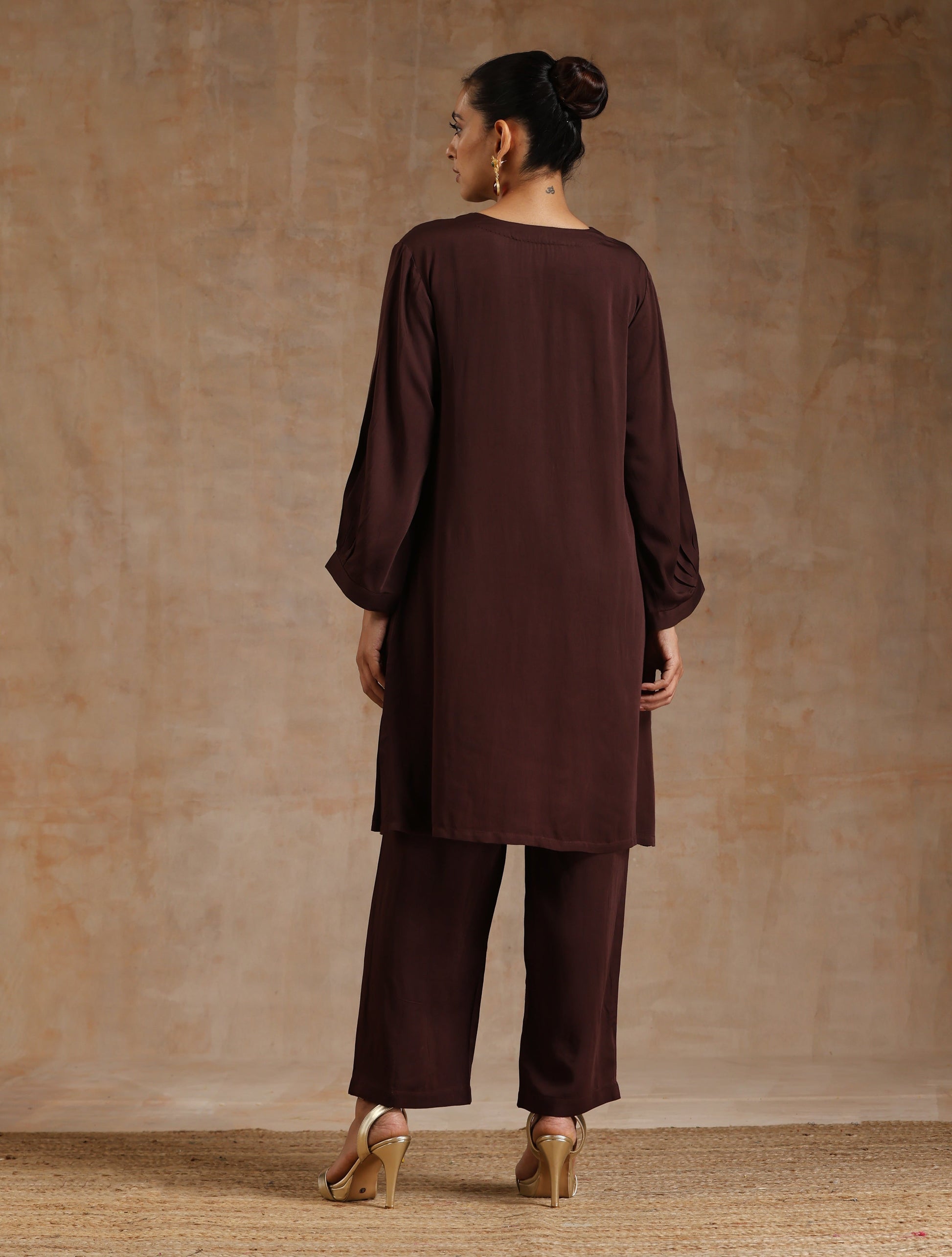 trueBrowns Cola Brown Modal Satin Relax Co-ord Set - Swadesiicart