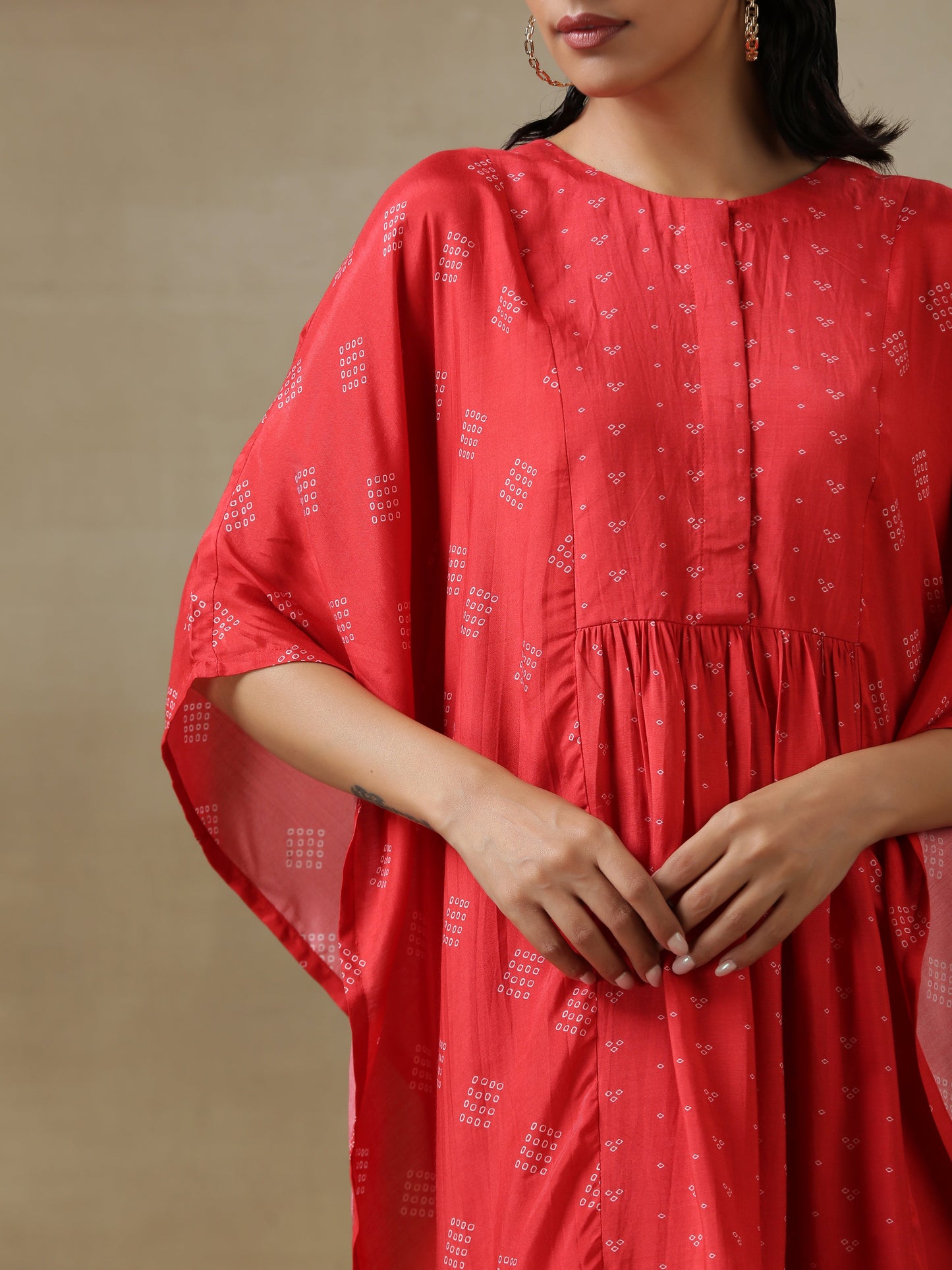 trueBrowns Red Bandhani Printed Silk Kaftan Gathered Co-Ord Set - Swadesiicart