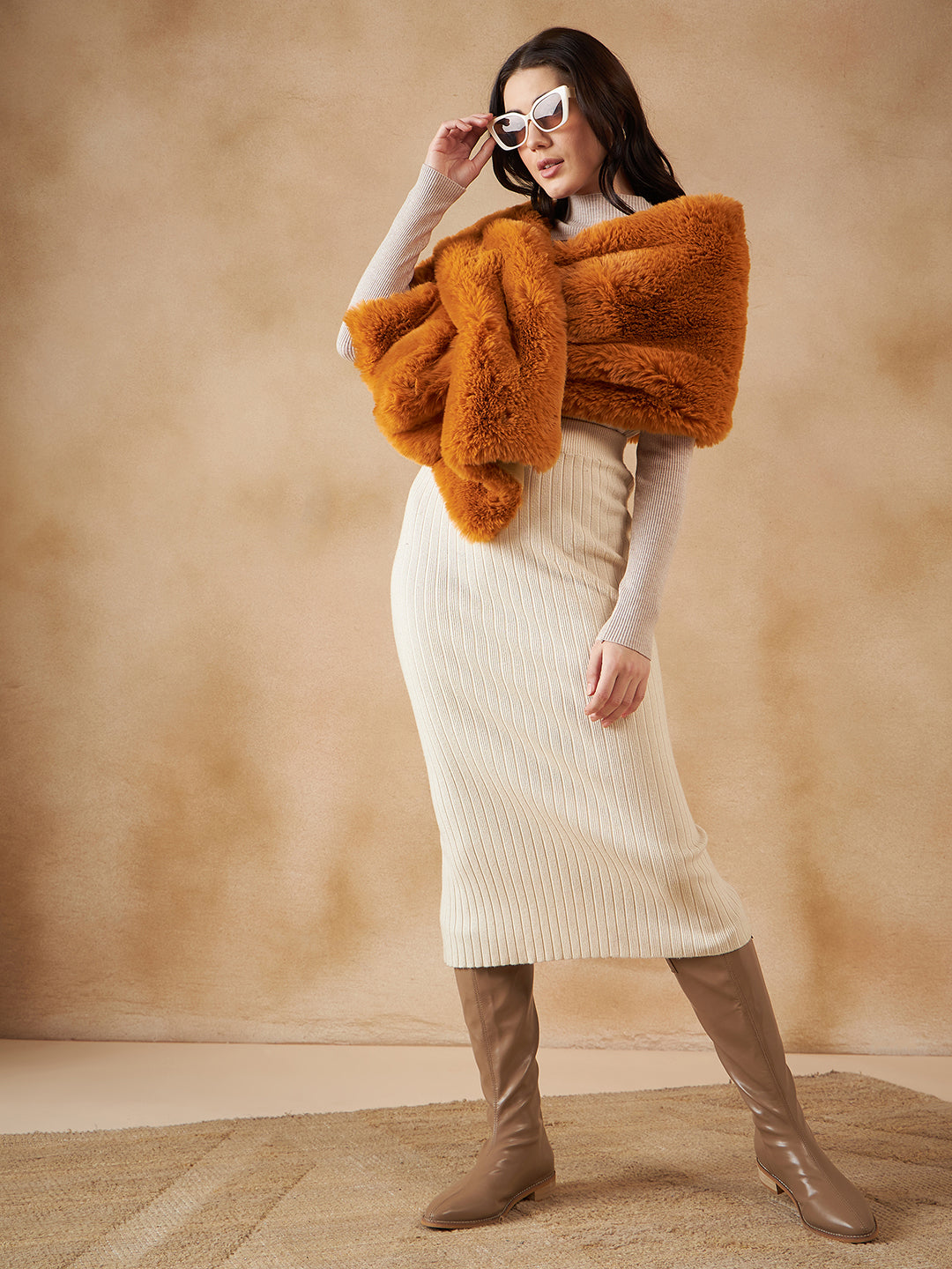 InWeave Women's Carrot Orange Long Faux Fur Cape - Swadesiicart
