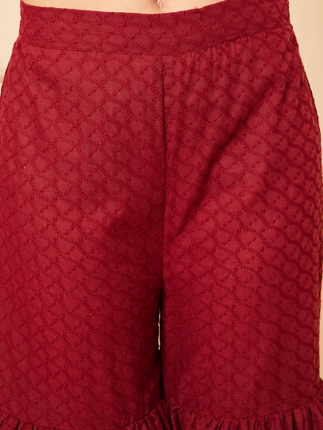 InWeave Women's Carmine Maroon Lace Work Double Layer Sharara Set - Swadesiicart
