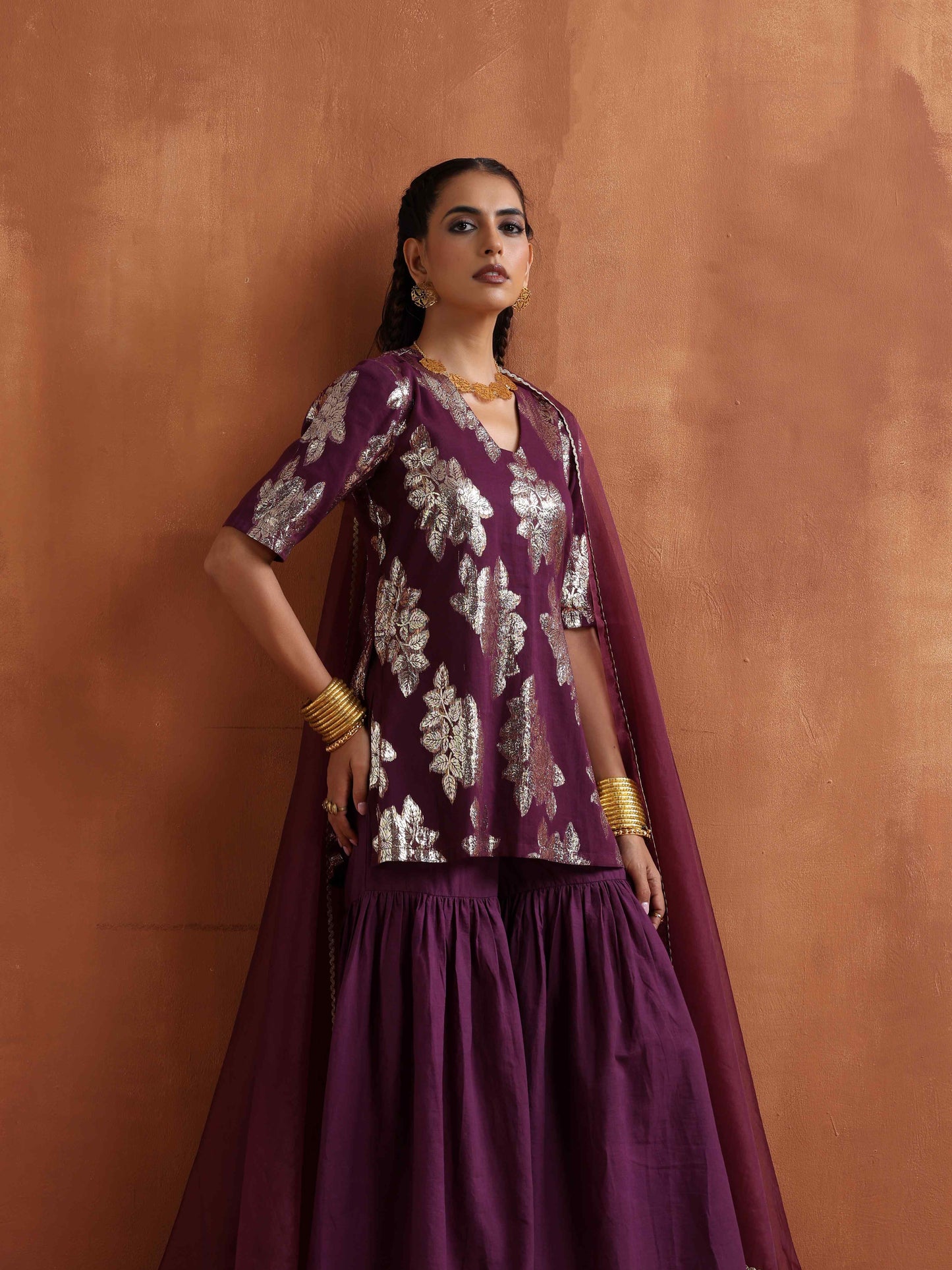 trueBrowns Purple Metallic Sharara Dupatta Set | Swadesiicart