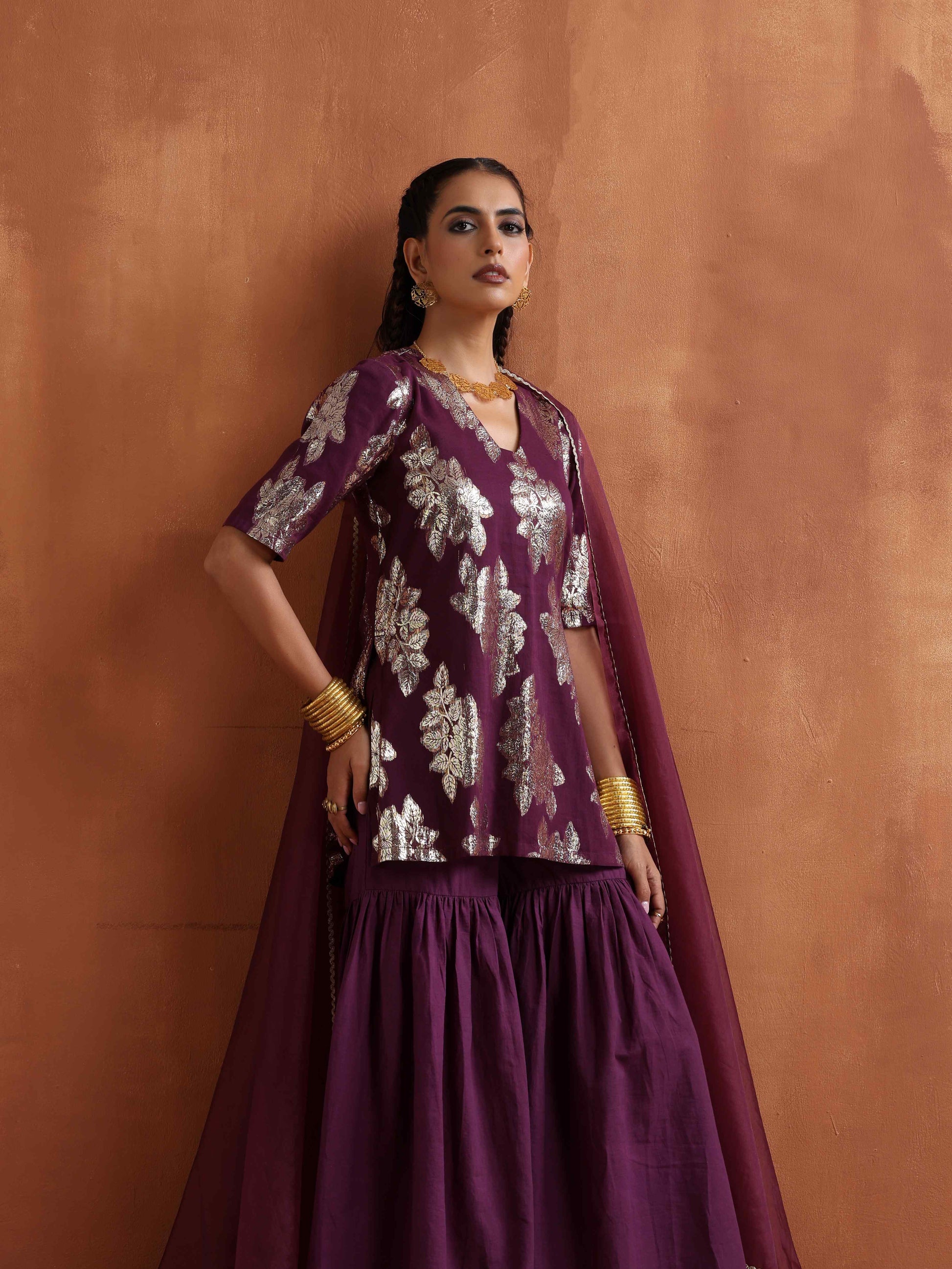 trueBrowns Purple Metallic Sharara Dupatta Set | Swadesiicart