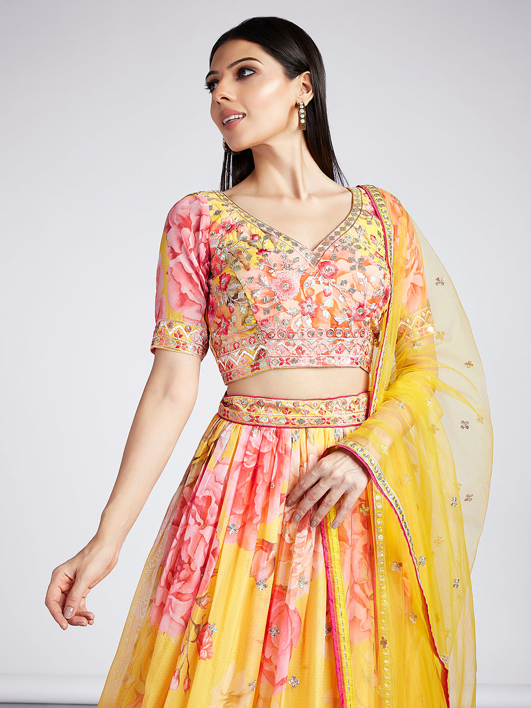 House of Panchhi Yellow Colour Organza Floral Design Digital Print Lehenga Choli & Dupatta | Swadesiicart