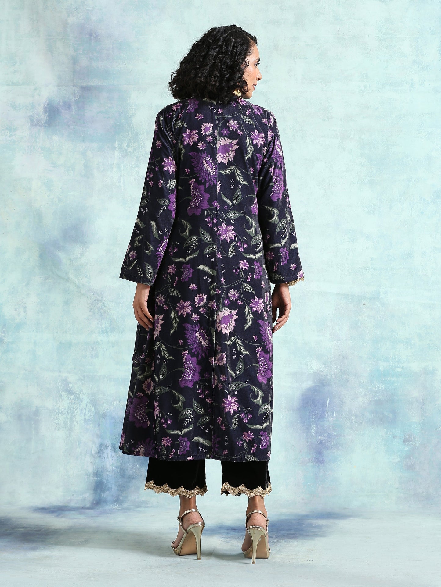 trueBrowns Black Printed Velvet Angrakha Jacket | Swadesiicart