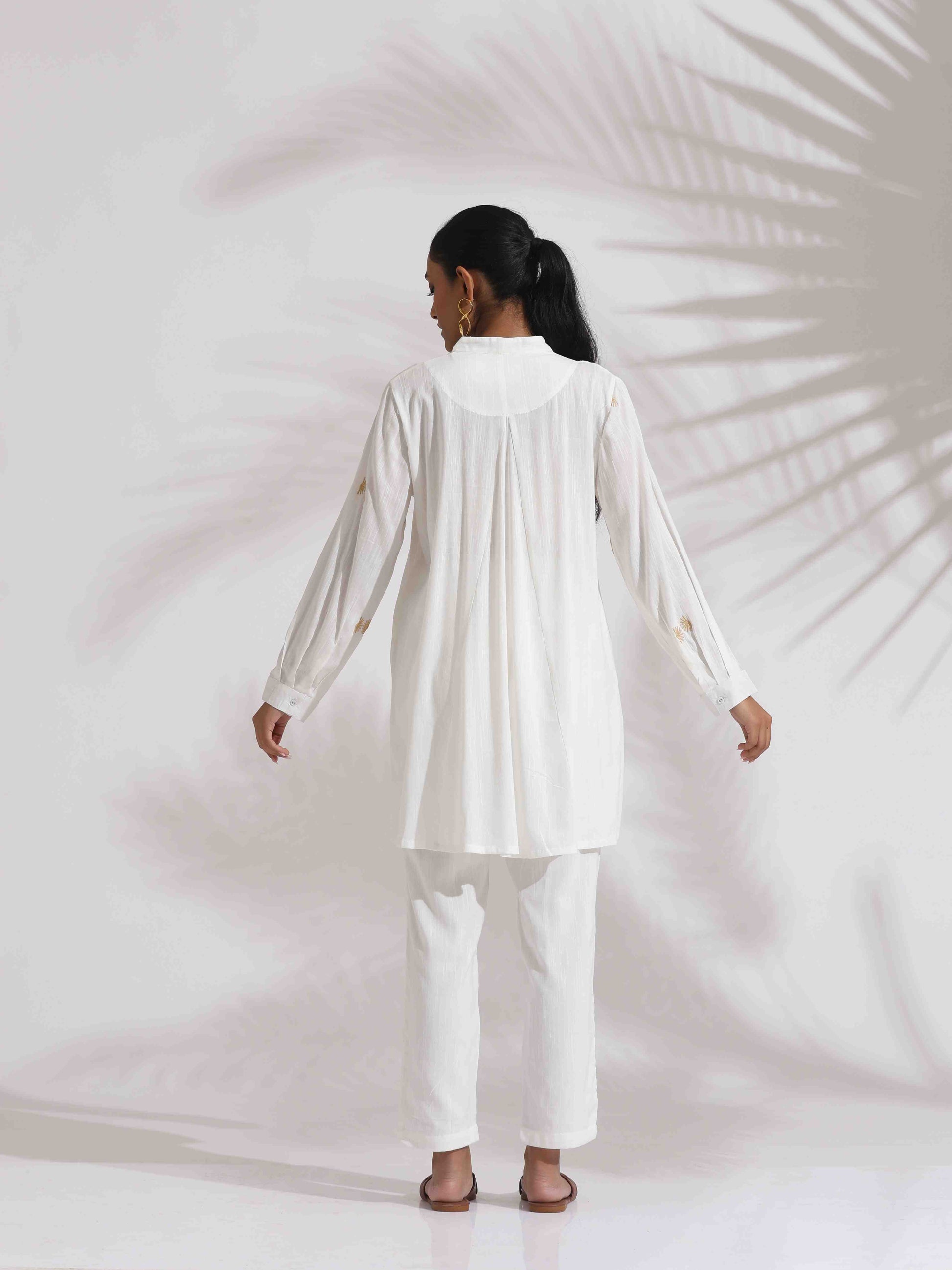 trueBrowns Off-White Cotton Embroidered A-line Co-ord Set - Swadesiicart