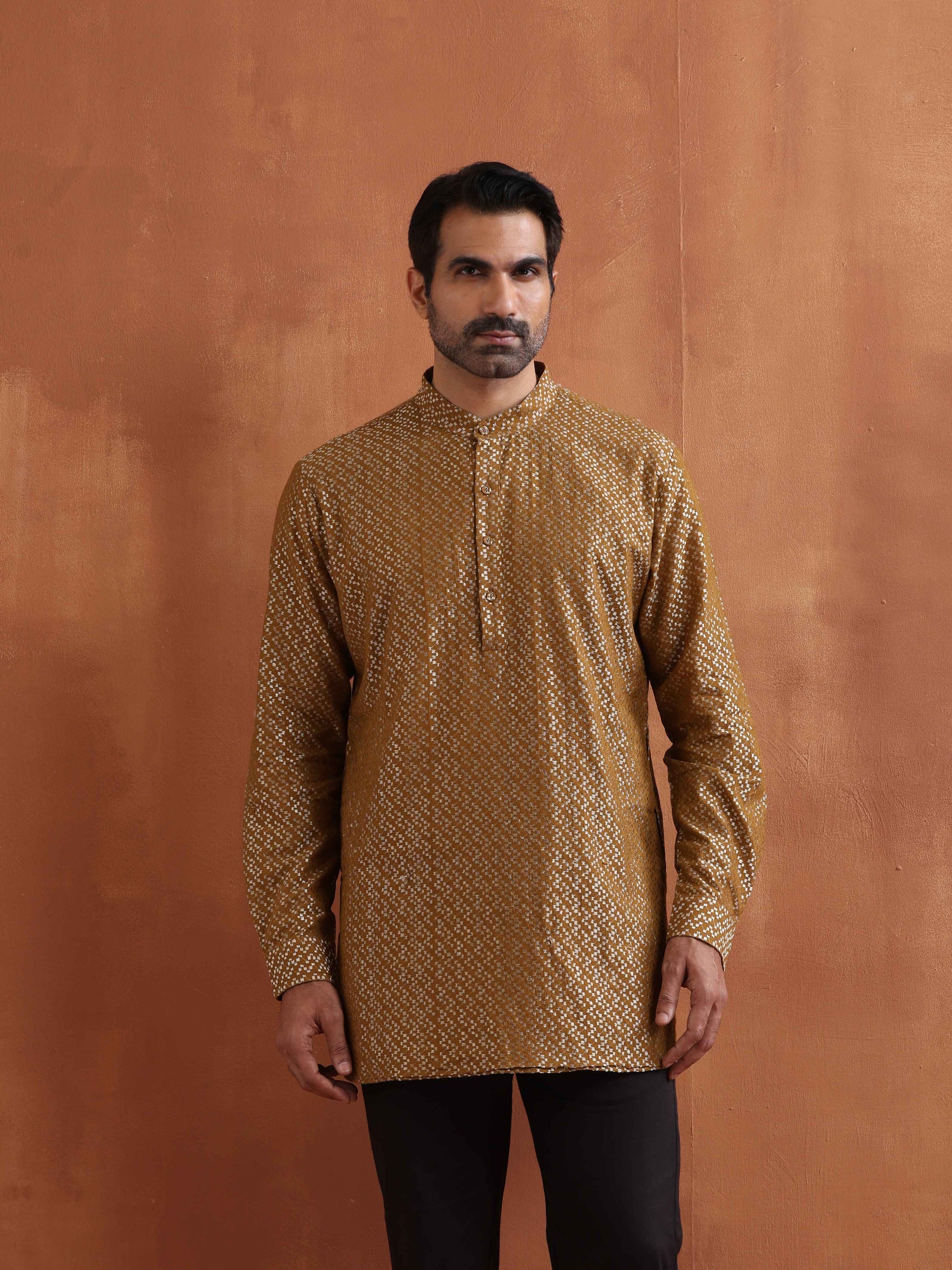 trueBrowns Men's Mustard Cotton Dobby Short Kurta | Swadesiicart