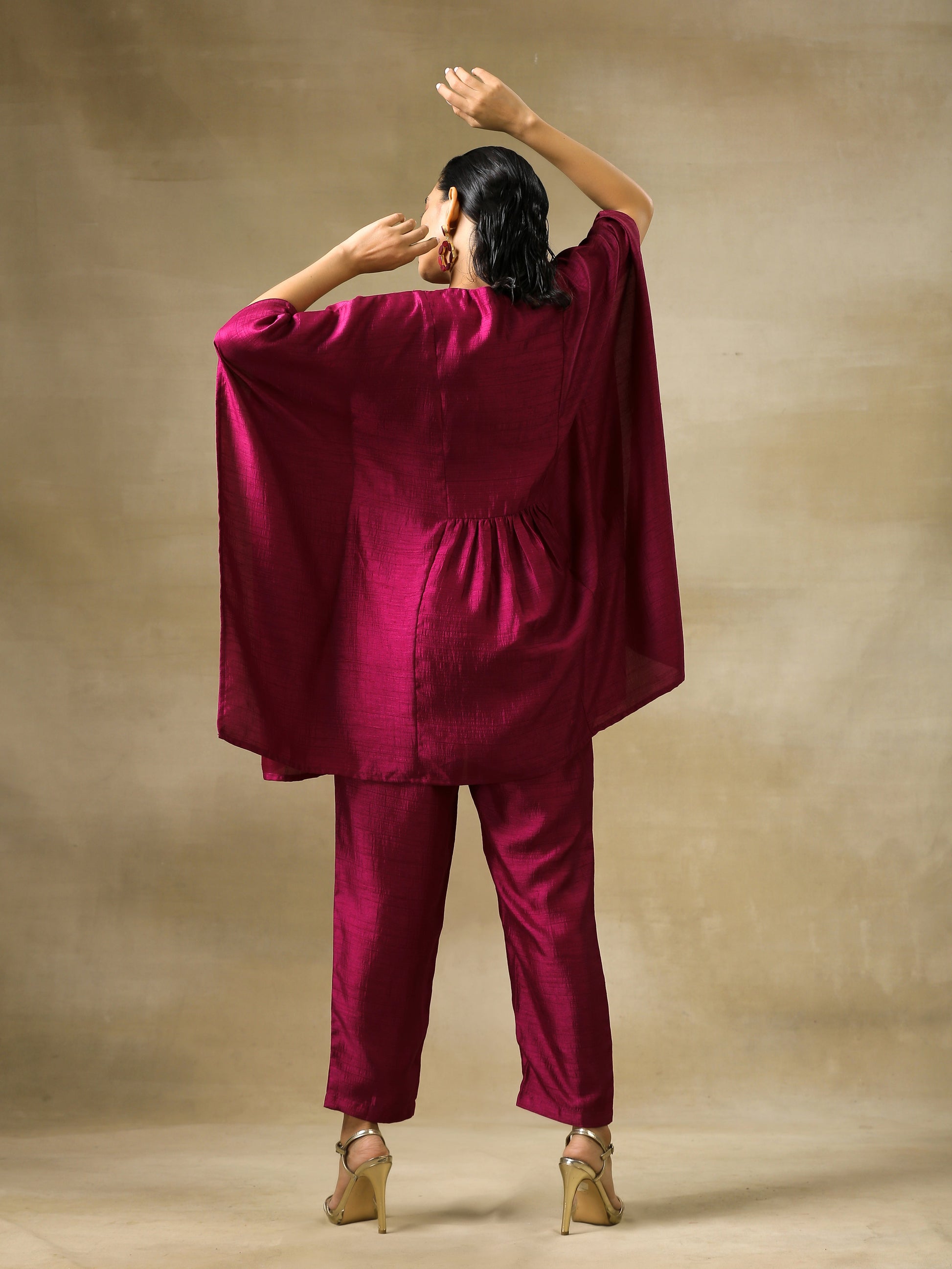 trueBrowns Purple Textured Silk Gathered Kaftan Co-Ord Set - Swadesiicart