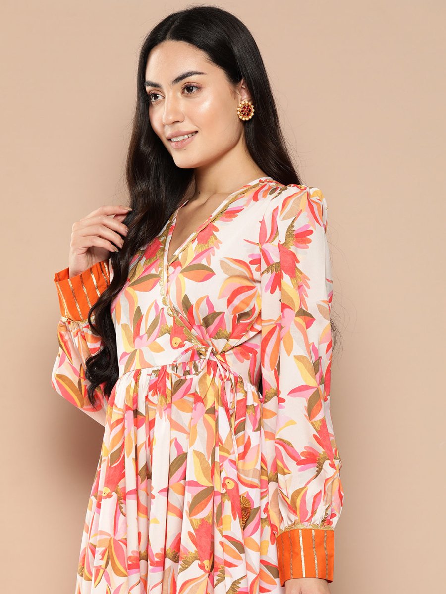 Ahalyaa Floral Printed Tie-Ups Crepe Empire Ethnic Dress | Swadesiicart