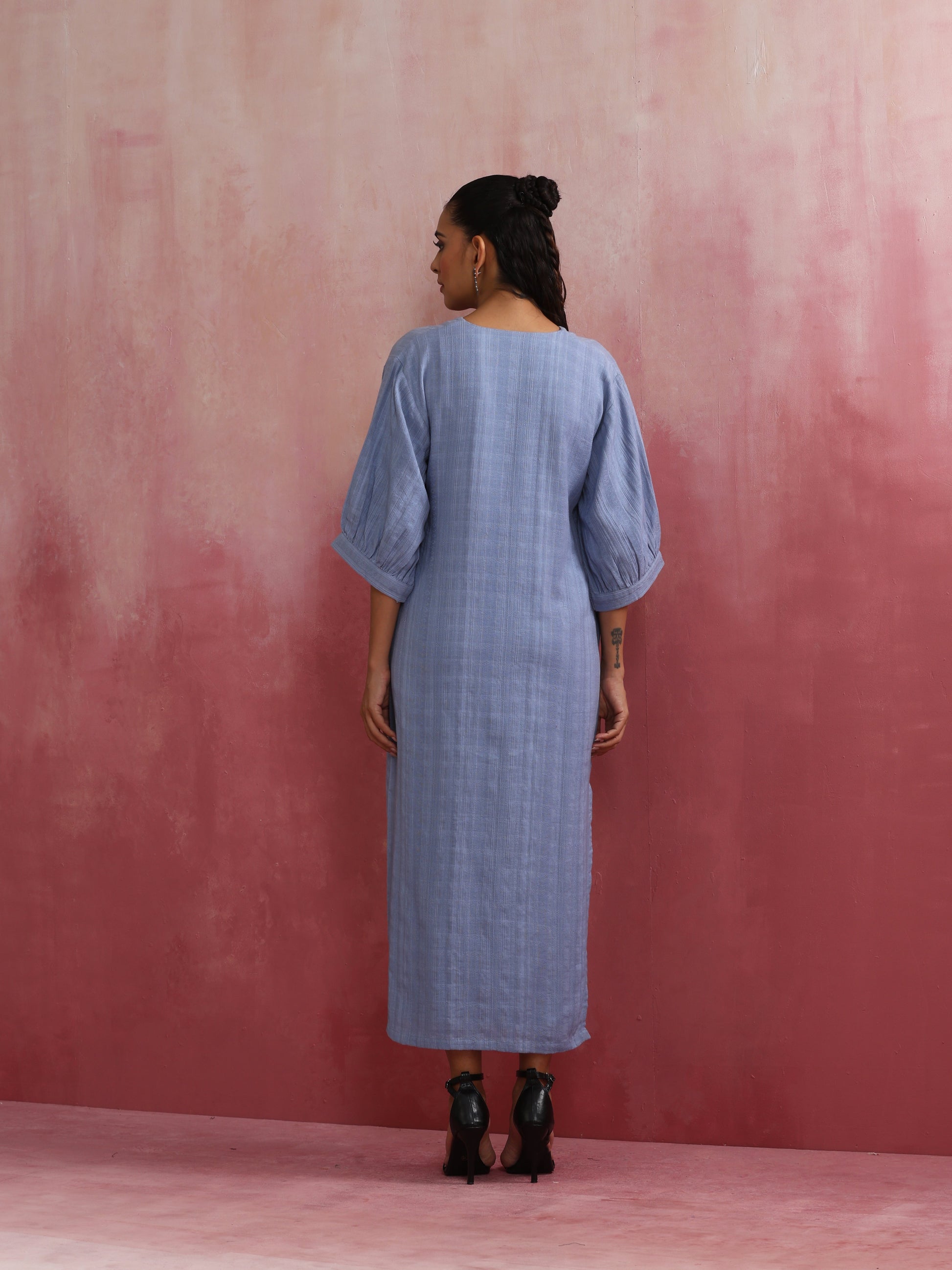 trueBrowns Sky Blue Cotton Dobby Dress | Swadesiicart