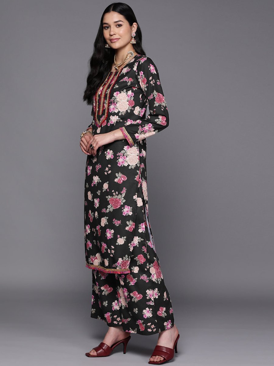 Ahalyaa Women Black Floral Printed Gotta Patti Kurta with Palazzos & With Dupatta | Swadesiicart