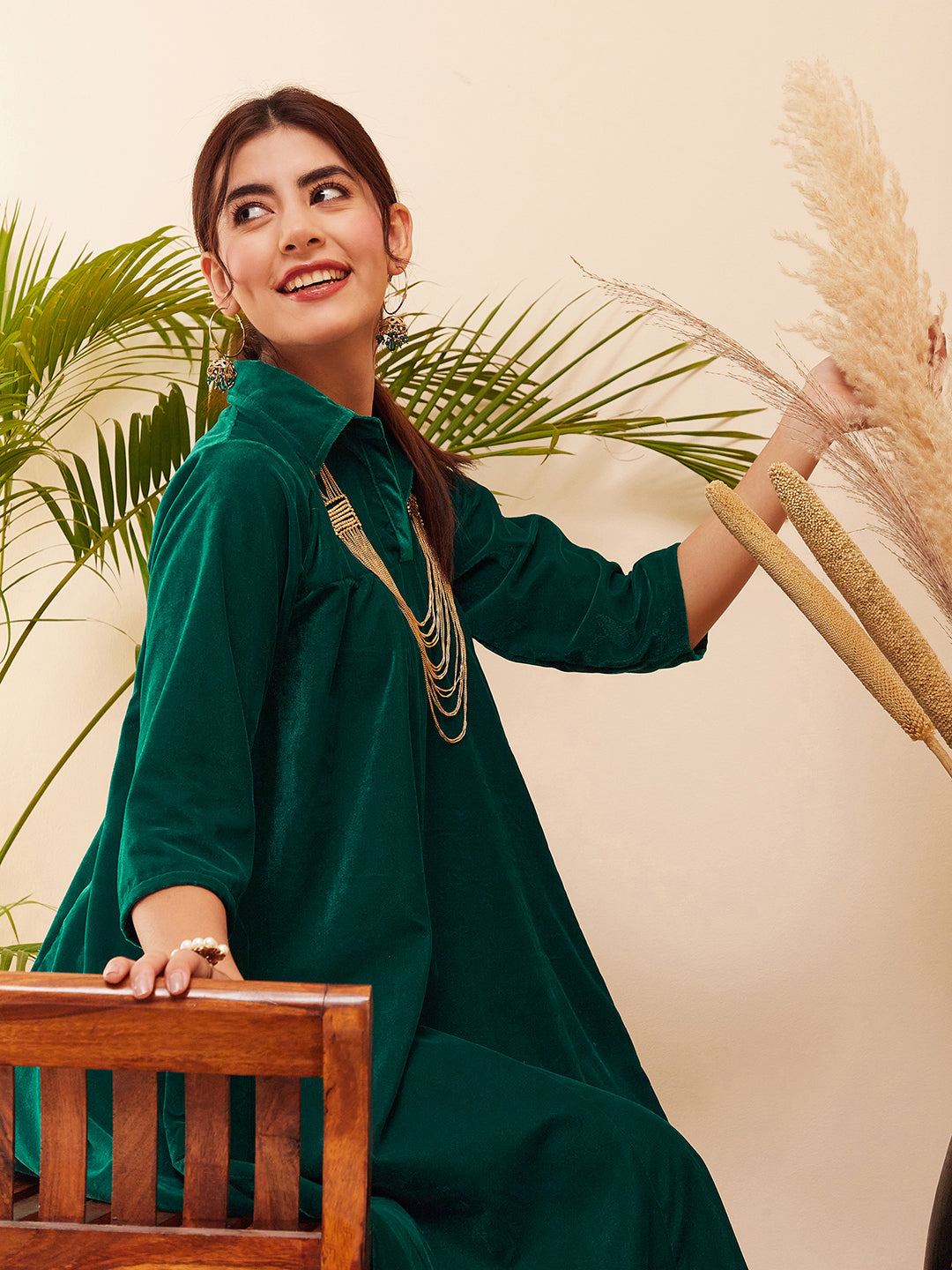 InWeave Women's Teal Velvet Collared Neck Flared Midi Dress - Swadesiicart
