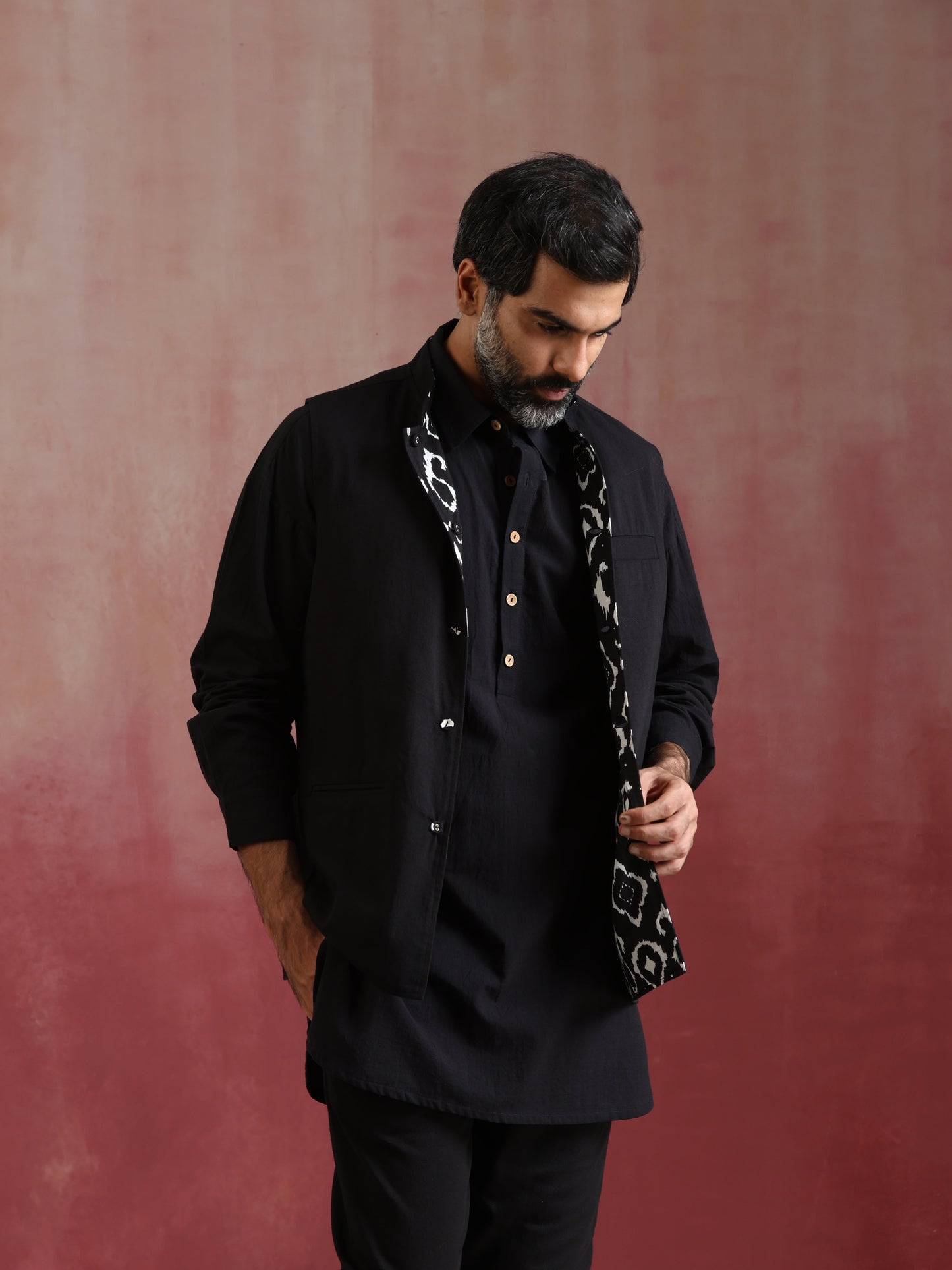 trueBrowns Men's Black Ikat Print Cotton Reversible Nehru Jacket | Swadesiicart