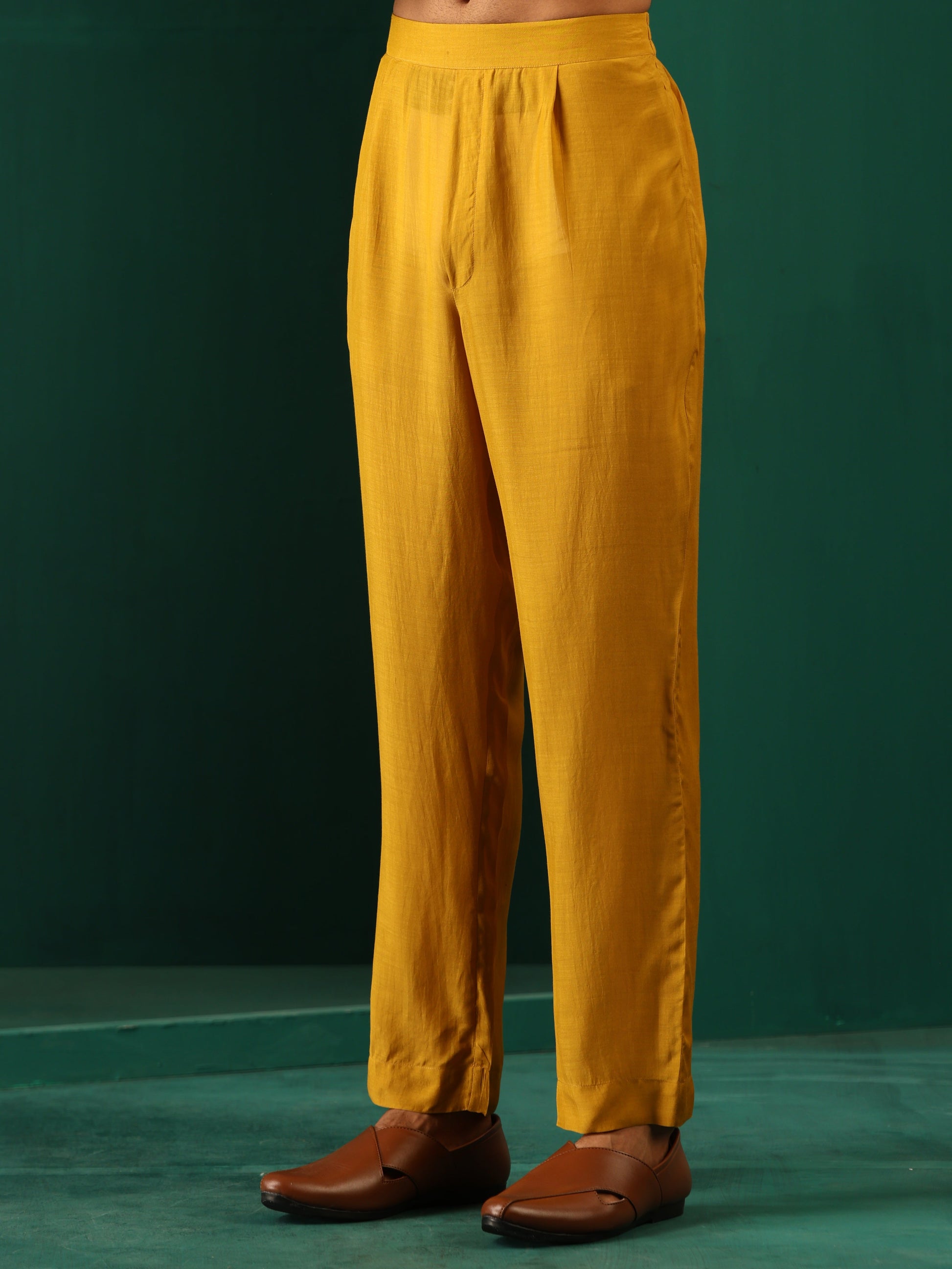 trueBrowns Men's Mustard Flower Stem Muslin Silk Printed Co-ord Set - Swadesiicart