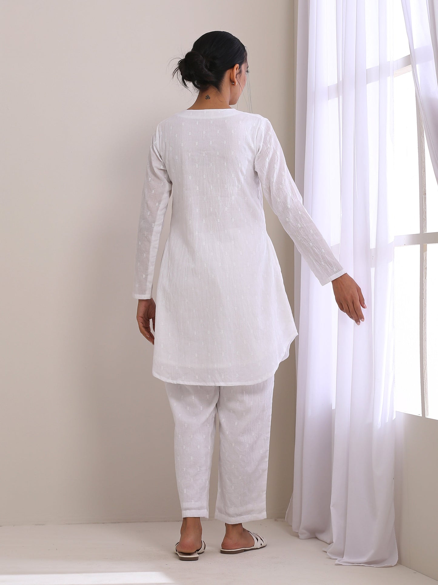 trueBrowns White Dobby Front Placket Co-Ord Set - Swadesiicart