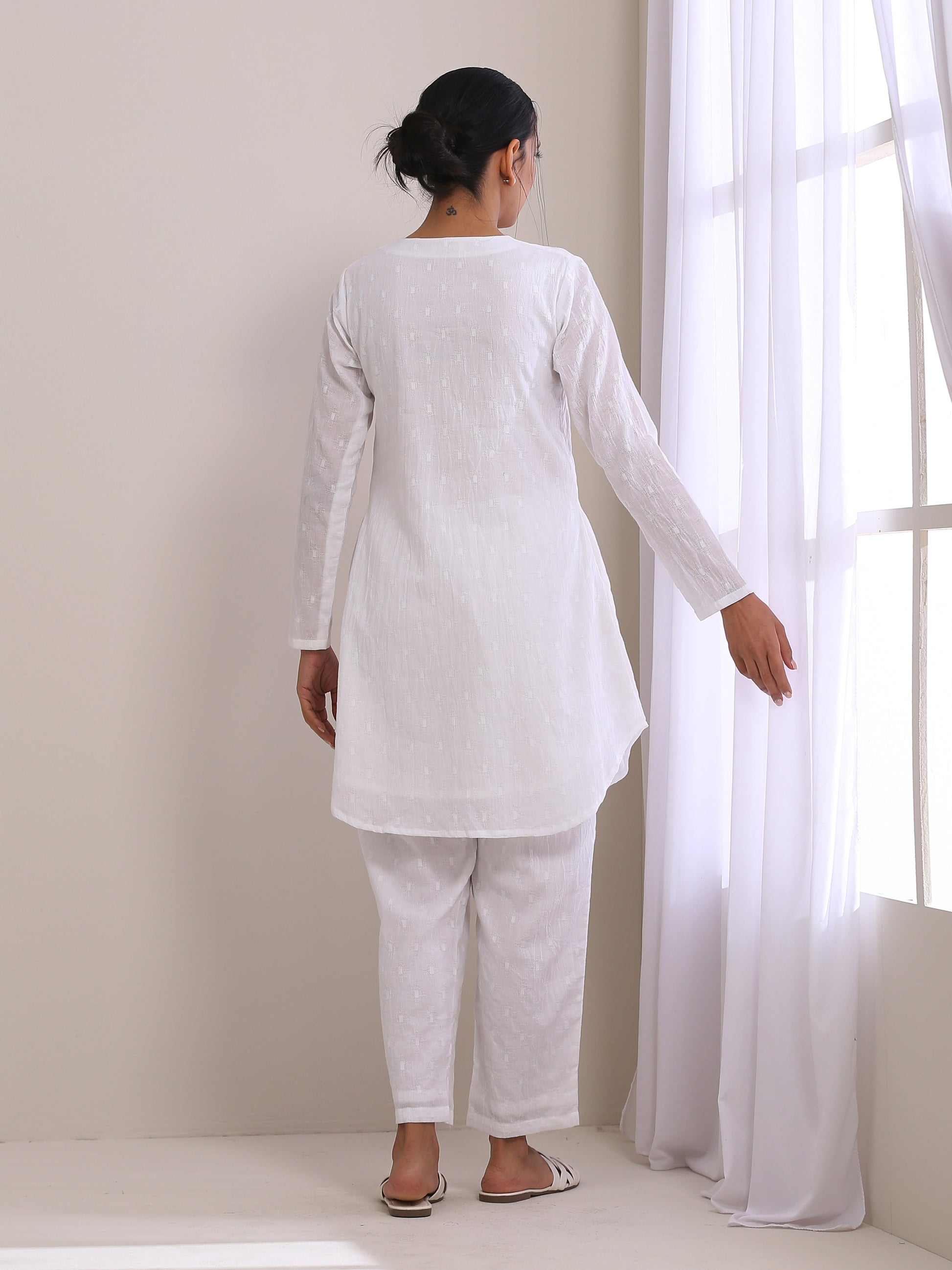 trueBrowns White Dobby Front Placket Co-Ord Set - Swadesiicart