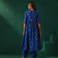 trueBrowns Royal Blue Geometric Floral Viscose Silk Side Gathered Kurta Pant Set | Swadesiicart