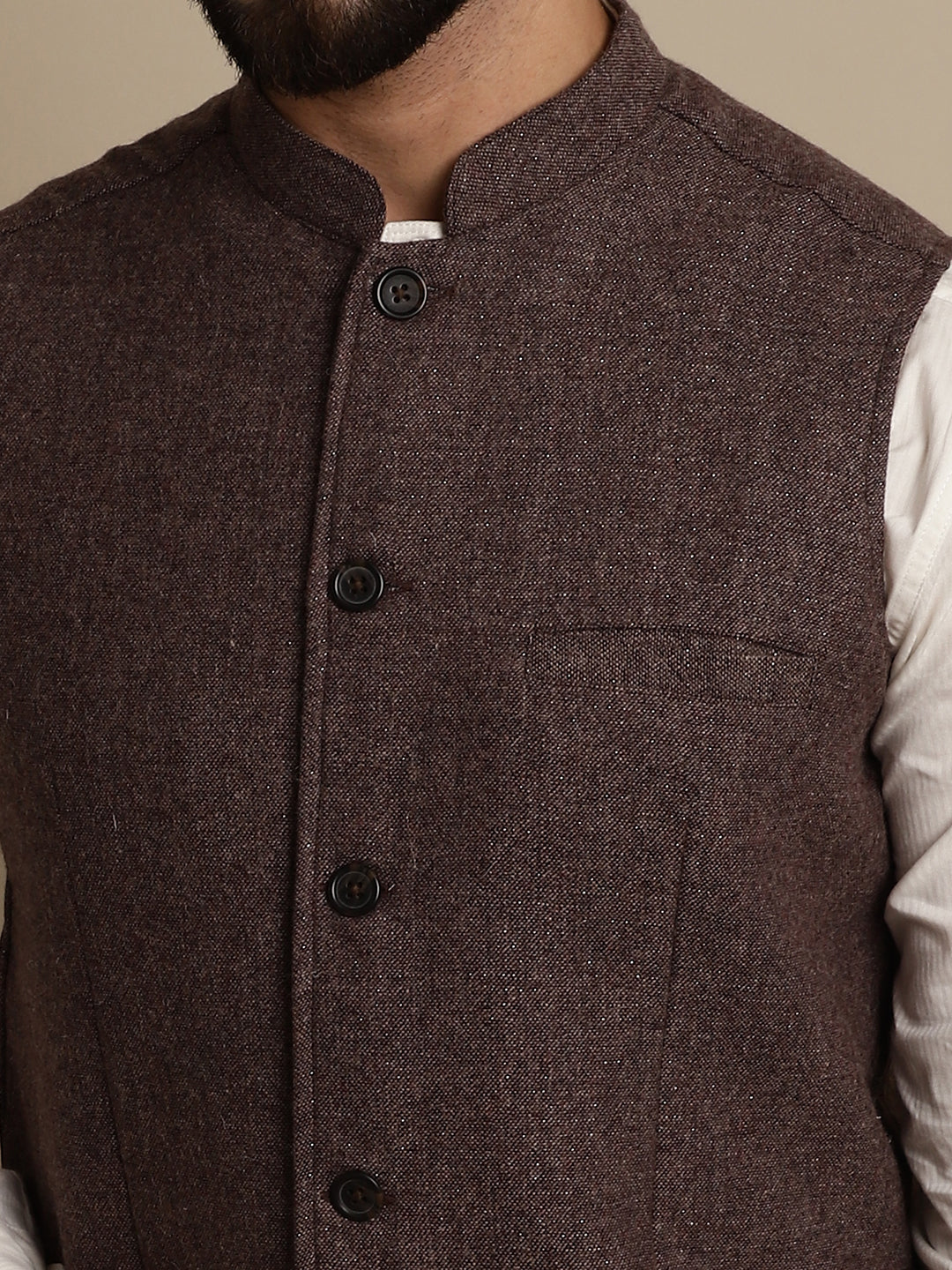 Even Apparels Men's Brown Mandarin Collar Waistcoat | Swadesiicart
