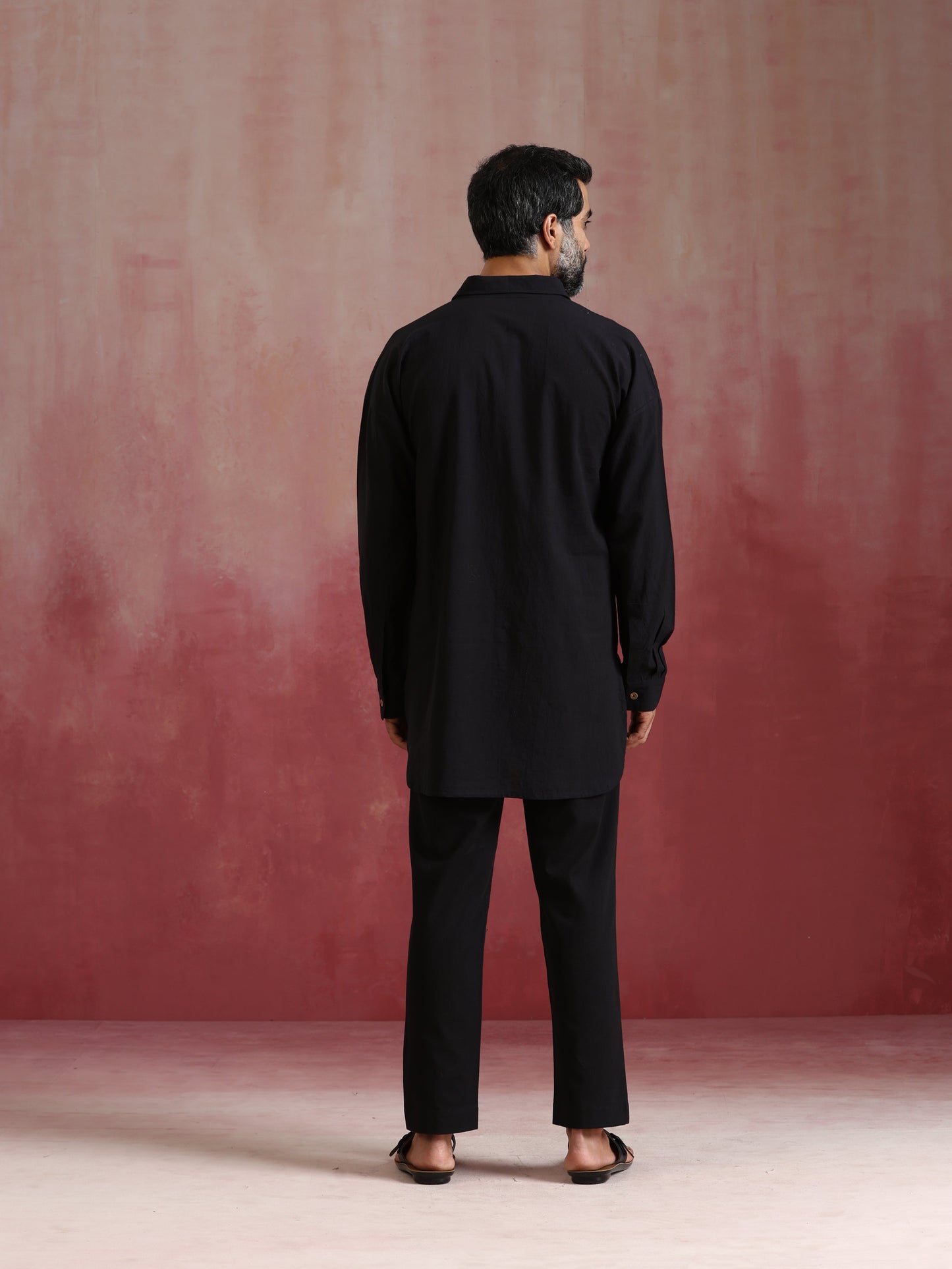 trueBrowns Men's Black Cotton Shirt Collar Stylized Kurta Co-ord set - Swadesiicart