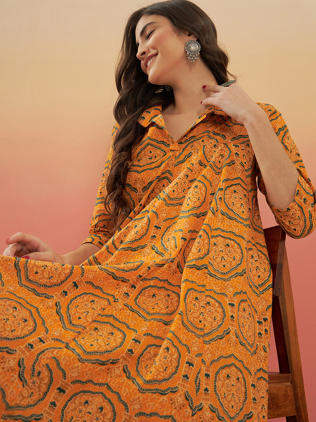 InWeave Women's Haldi Yellow Mughal Kalamkari Flared Dress - Swadesiicart