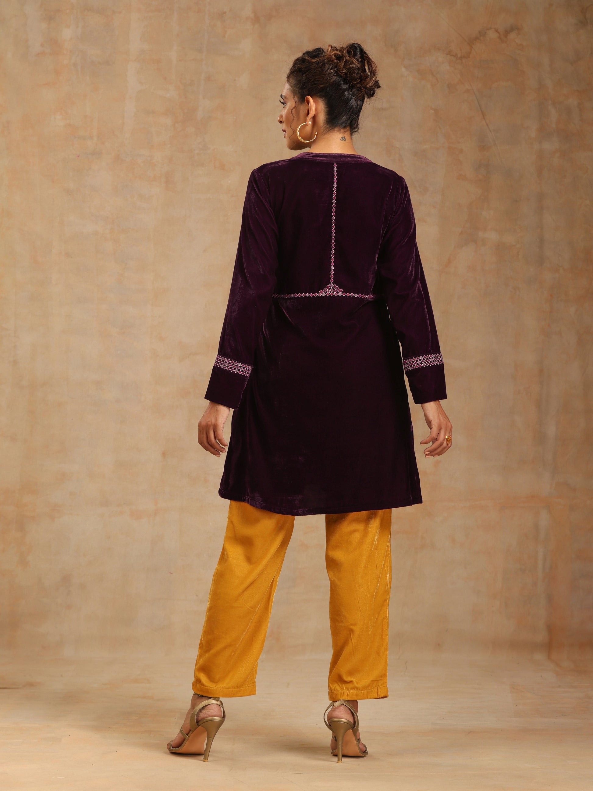 trueBrowns Wine Velvet Placket Embroidered Co-ord Set - Swadesiicart