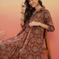 InWeave Women's Maroon Mughal Kalamkari Flared Dress - Swadesiicart