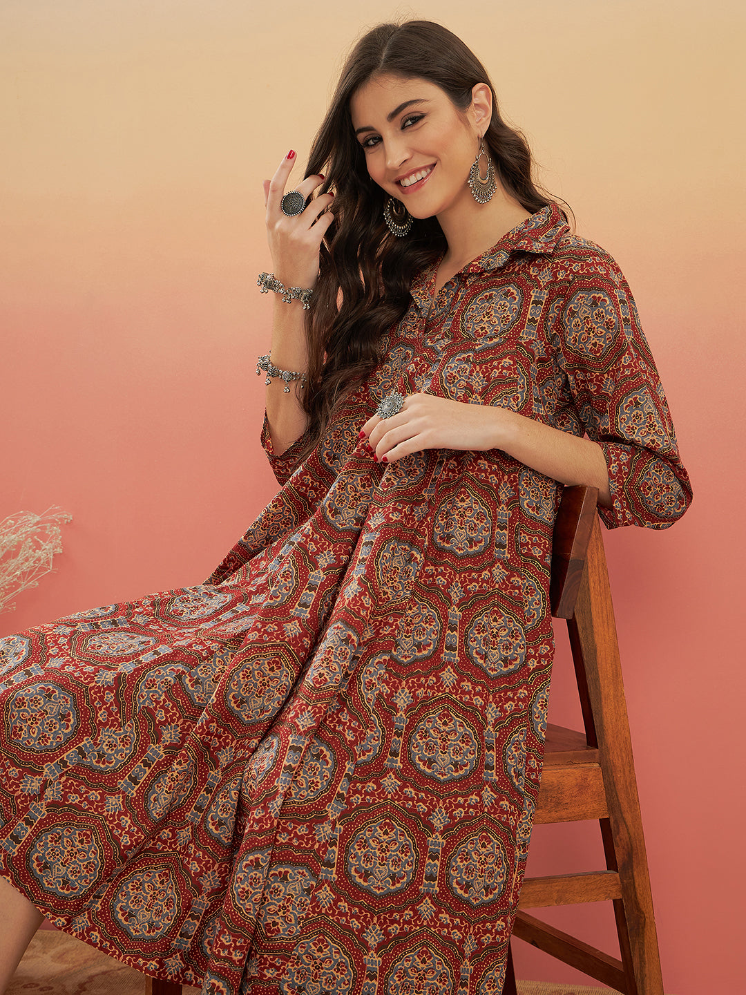 InWeave Women's Maroon Mughal Kalamkari Flared Dress - Swadesiicart