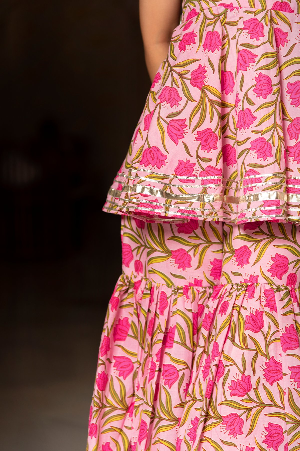 Pomcha Jaipur Nazakat Pink Cotton Hand Block Sharara Set | Swadesiicart