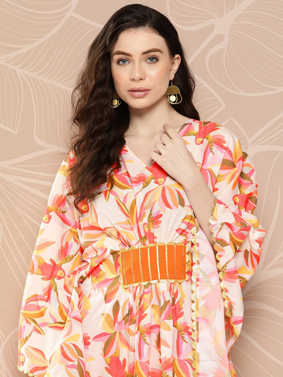 Ahalyaa Women Floral Printed Flared Sleeves Gotta Patti Crepe Kaftan Kurta | Swadesiicart