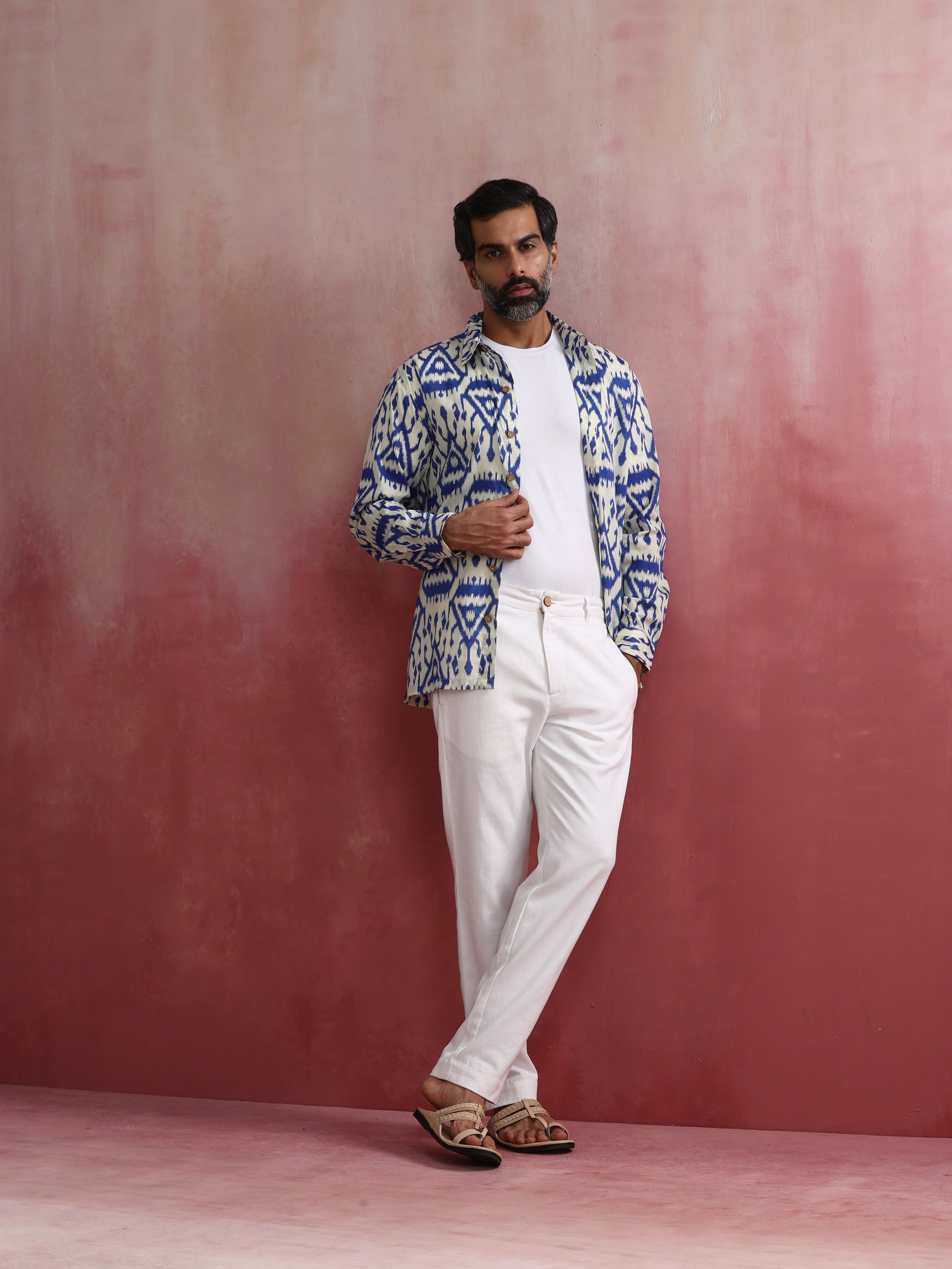 trueBrowns Men's Blue Ikat Print Cambric Shirt | Swadesiicart