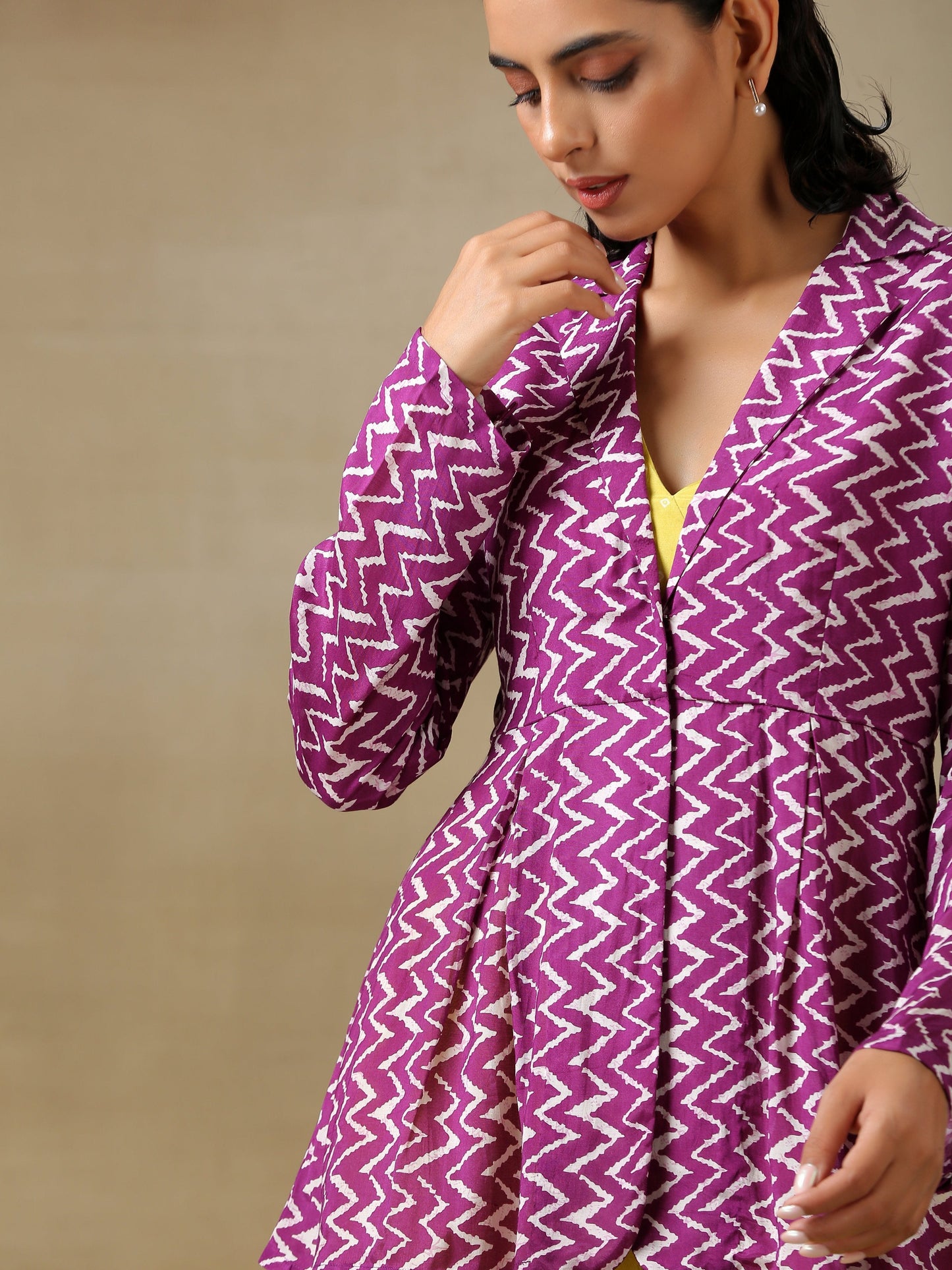 trueBrowns Lime Green Bandhani Printed Silk Top Pant with Purple Printed Jacket Set | Swadesiicart