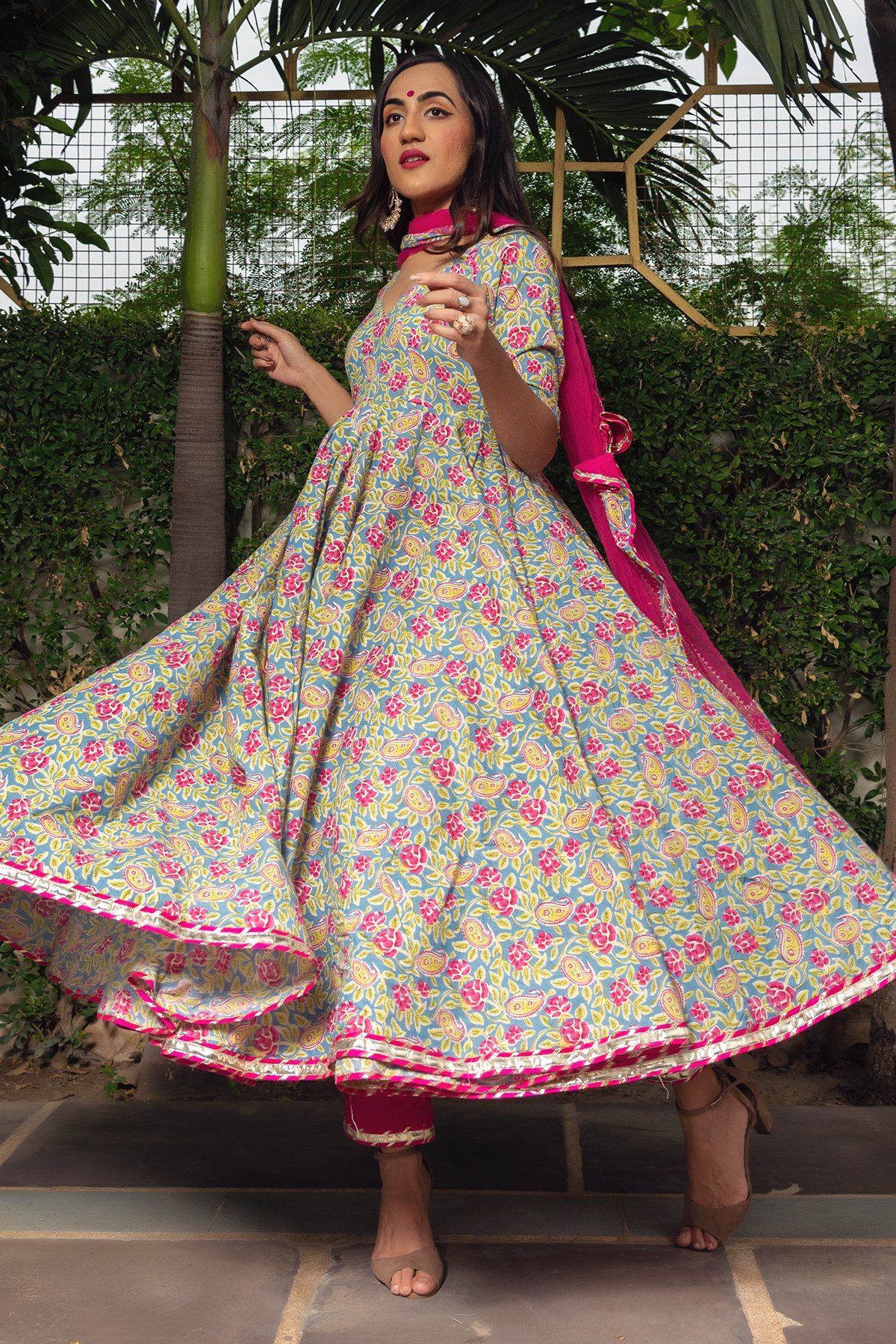 Pomcha Jaipur Jaipuri Hand Block Cotton Anarkali Set | Swadesiicart
