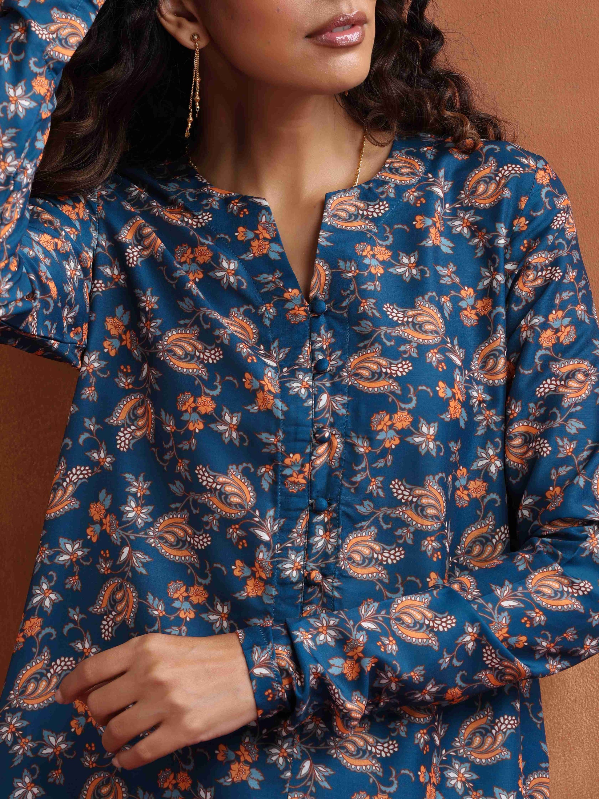 trueBrowns Blue Print Kurta Co-ord Set - Swadesiicart