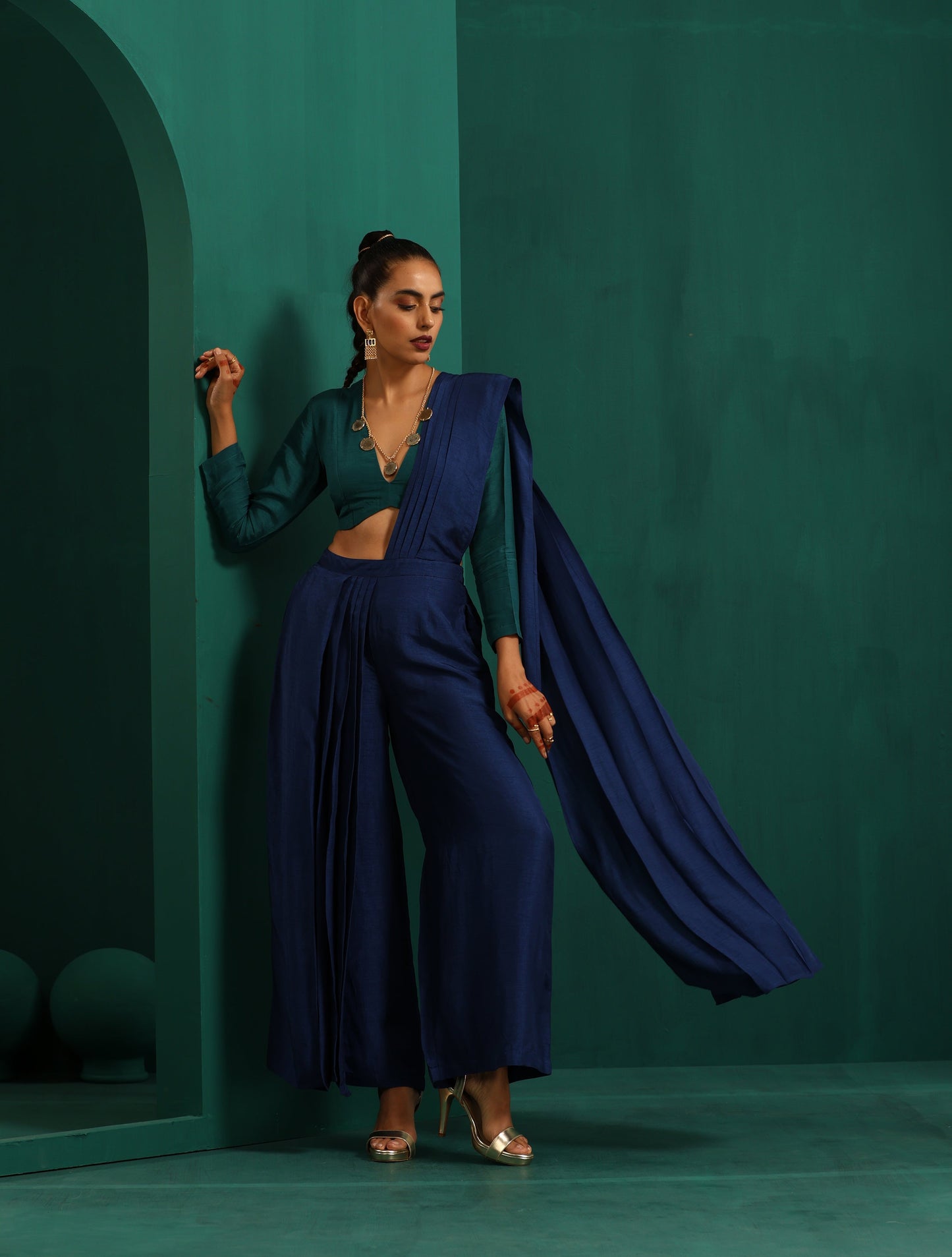 trueBrowns Blue Silk Palazzo Stitched Saree | Swadesiicart