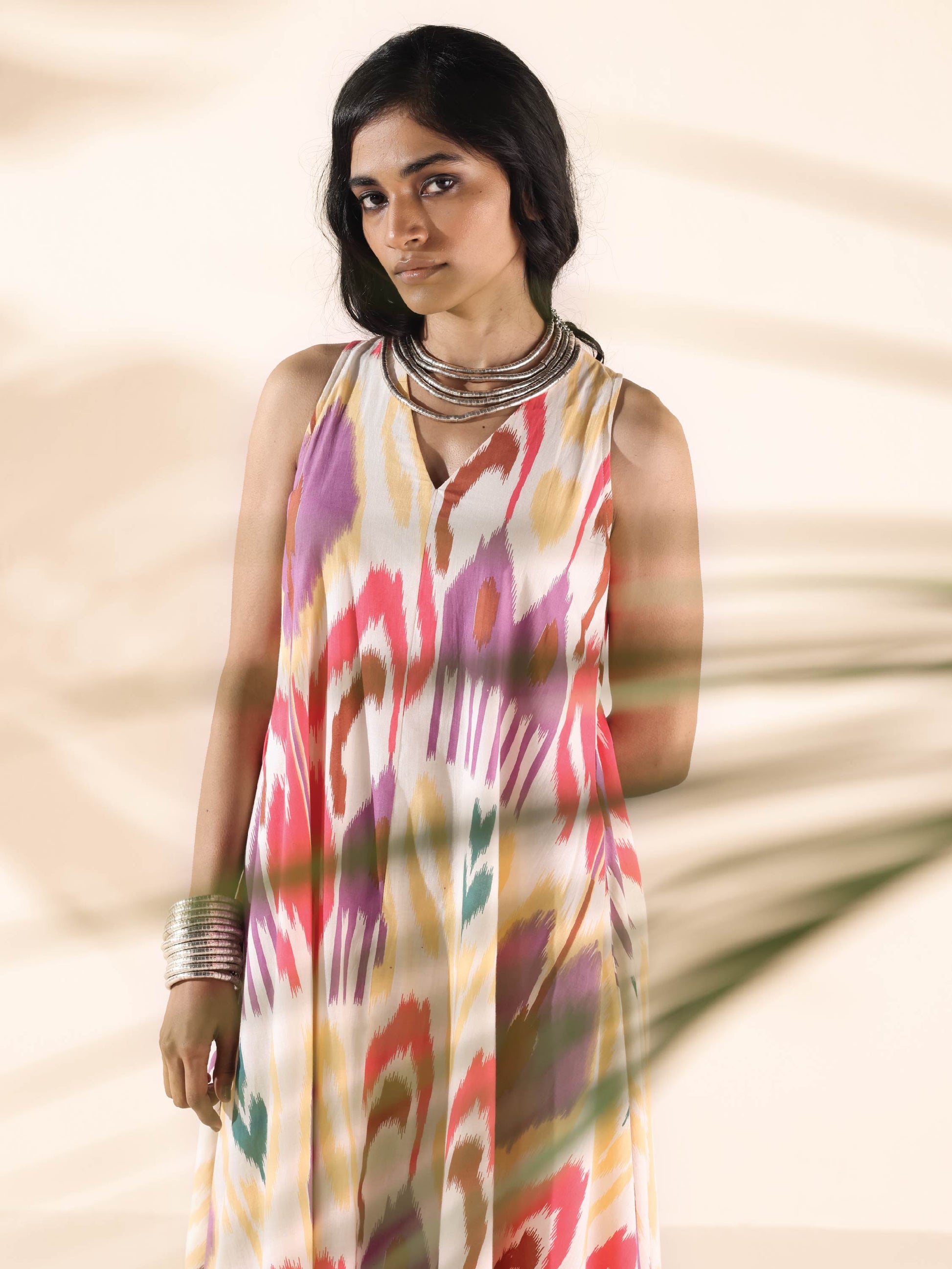 trueBrowns Pink Cotton Ikat Sleeveless Dress | Swadesiicart