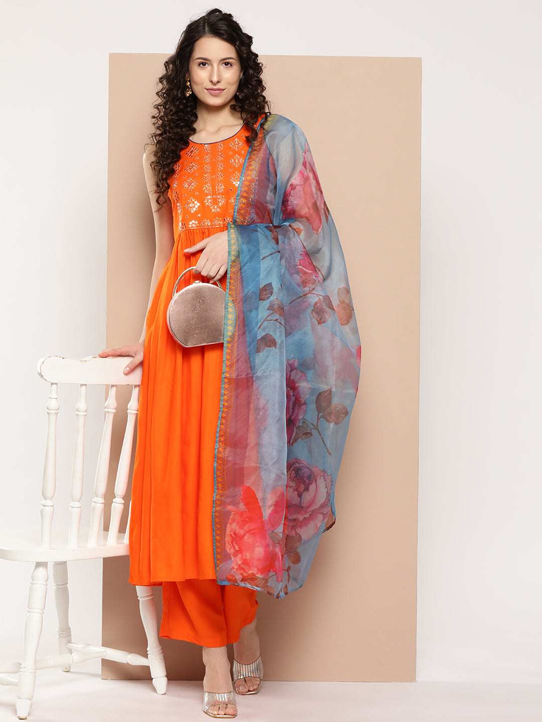 InWeave Women's Orange Mirror Work Aline Strappy Kurta Set Blue Fuchsia Or Dupatta - Swadesiicart