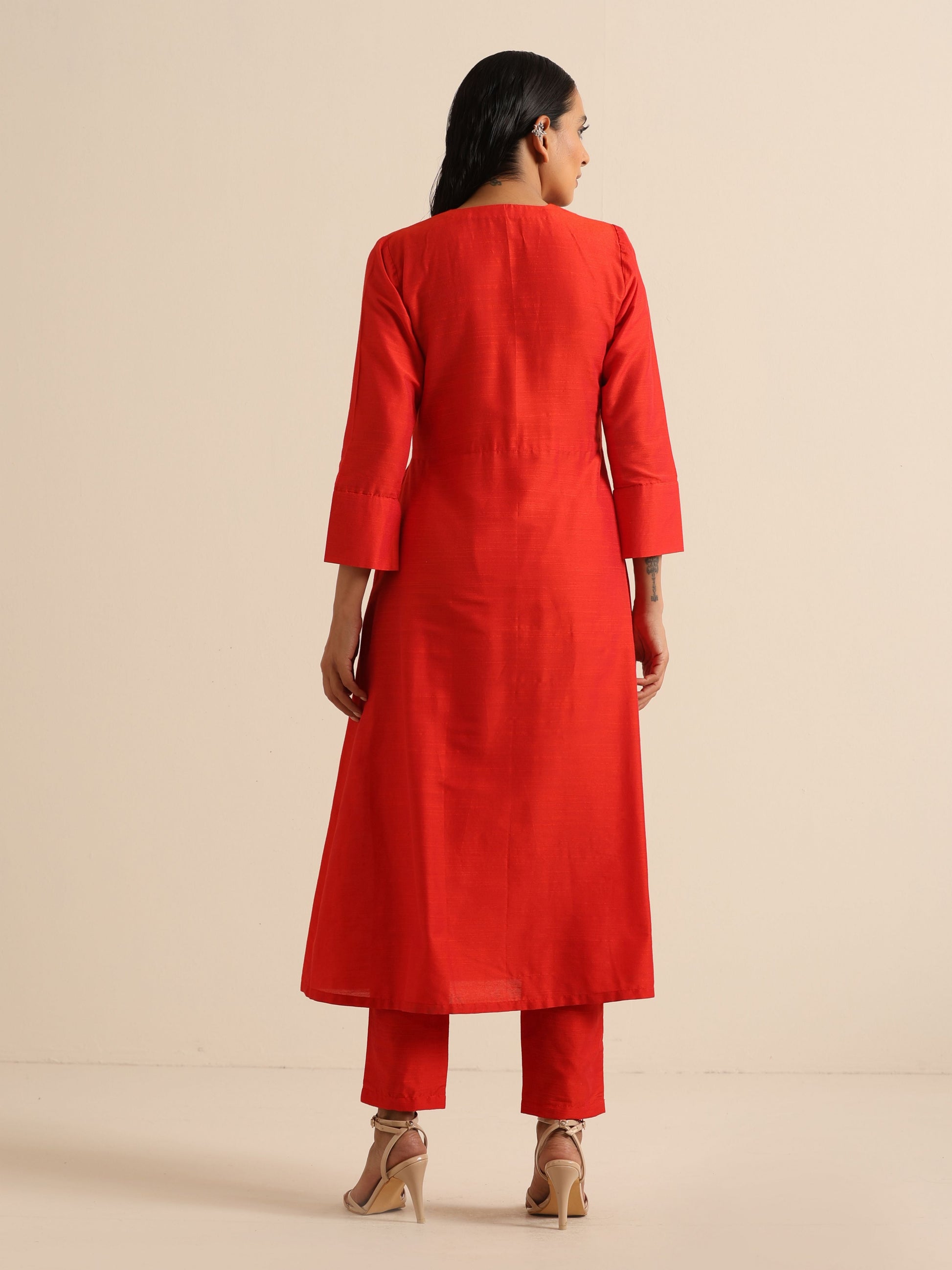 trueBrowns Orange Dupion Blend Angrakha Kurta Pant Set | Swadesiicart