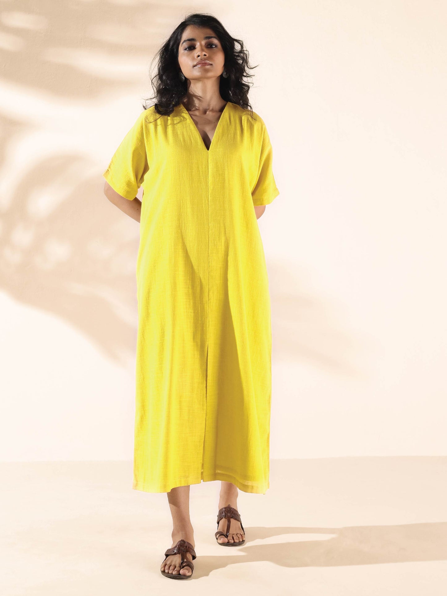 trueBrowns Lime Cotton Front Slit Dress | Swadesiicart