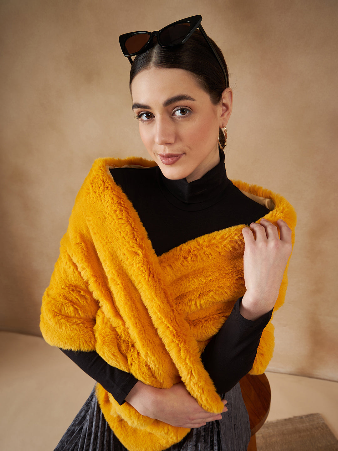 InWeave Women's Yellow Long Faux Fur Cape - Swadesiicart