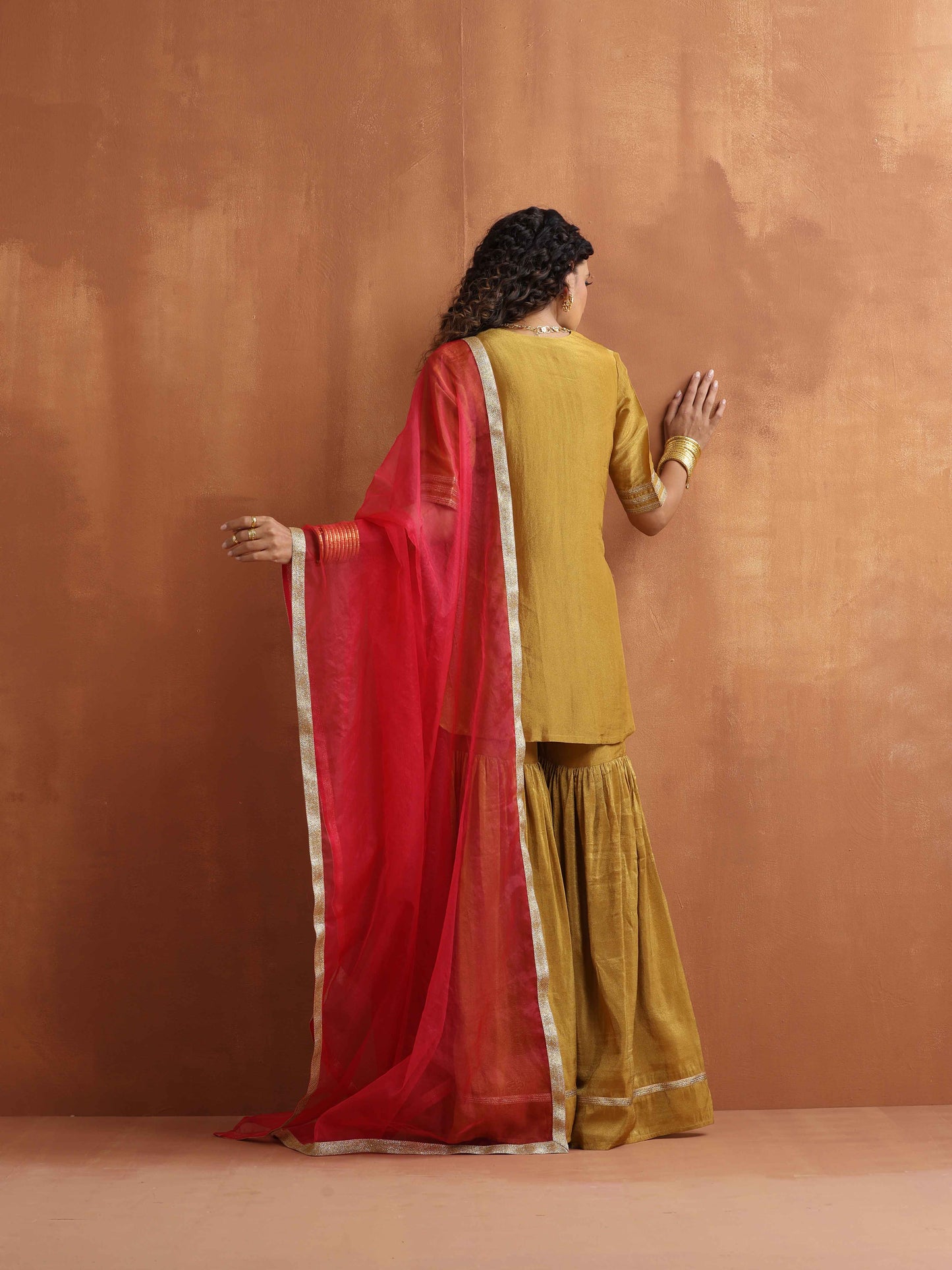 trueBrowns Gold Tissue Sharara Dupatta Set | Swadesiicart