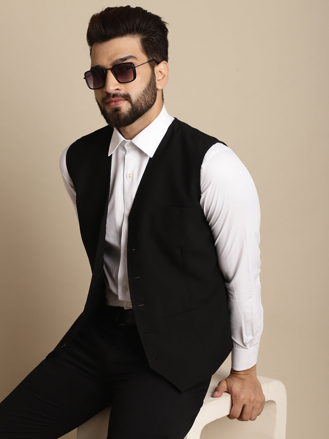 Even Apparels Men's Black Waistcoat with welt pockets | Swadesiicart
