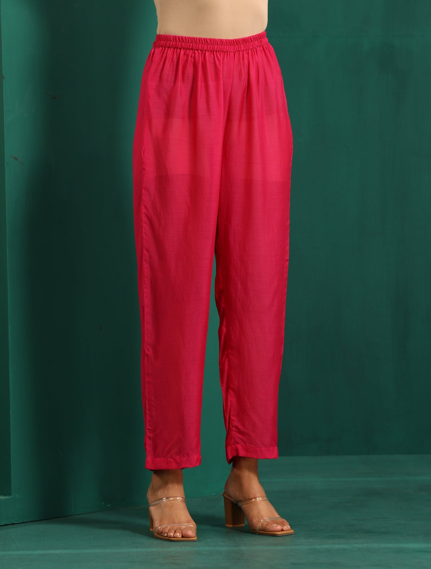 trueBrowns Pink Leaf Muslin Silk Printed Yoke Gathered Co-ord Set - Swadesiicart