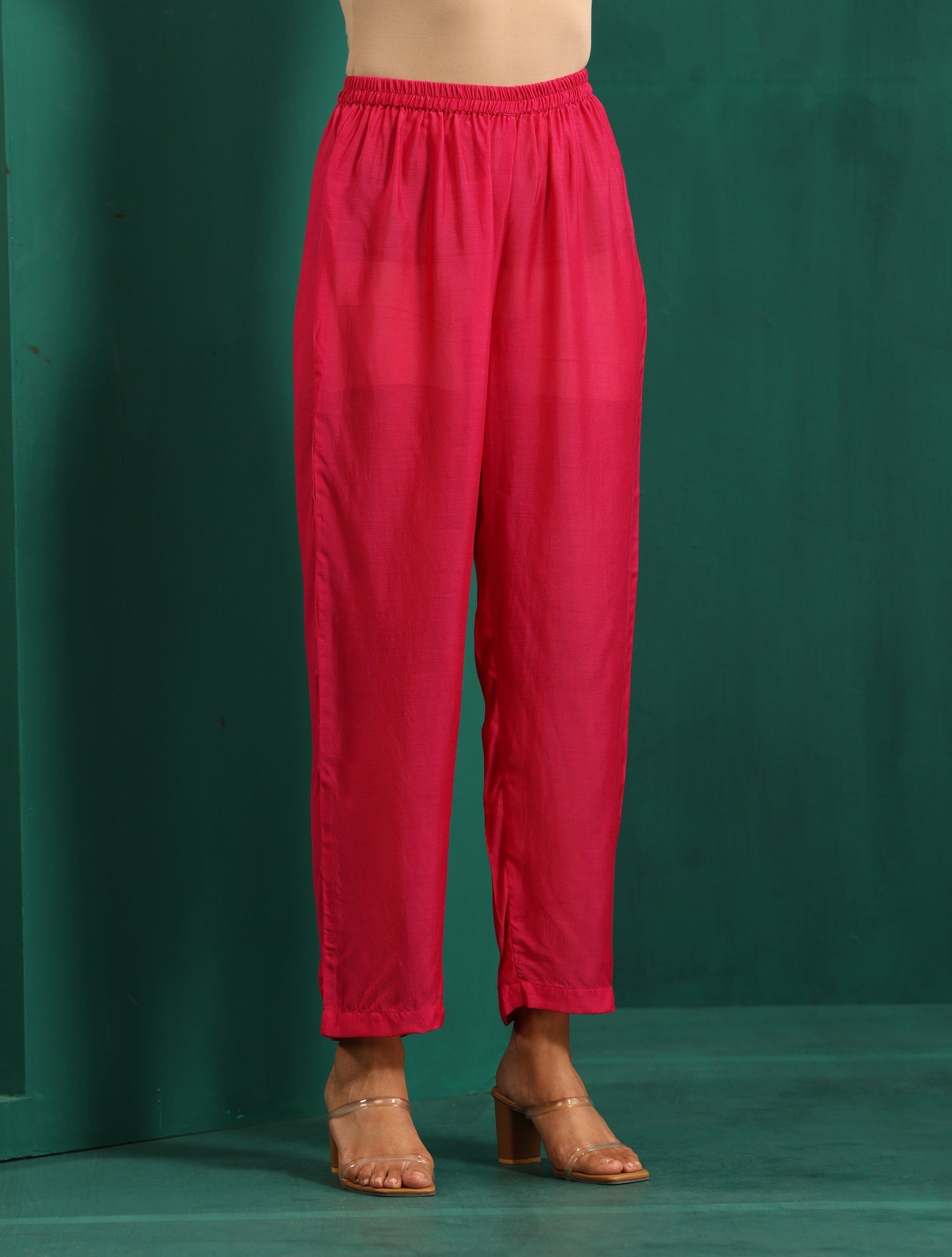 trueBrowns Pink Leaf Muslin Silk Printed Yoke Gathered Co-ord Set - Swadesiicart