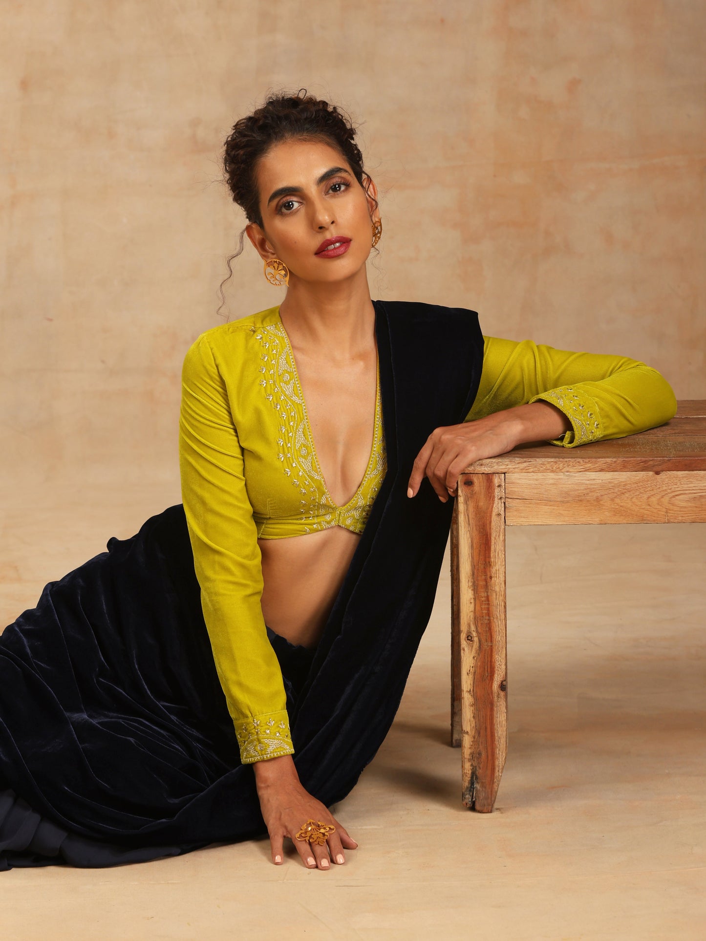 trueBrowns Lime Velvet Embroidered Blouse | Swadesiicart