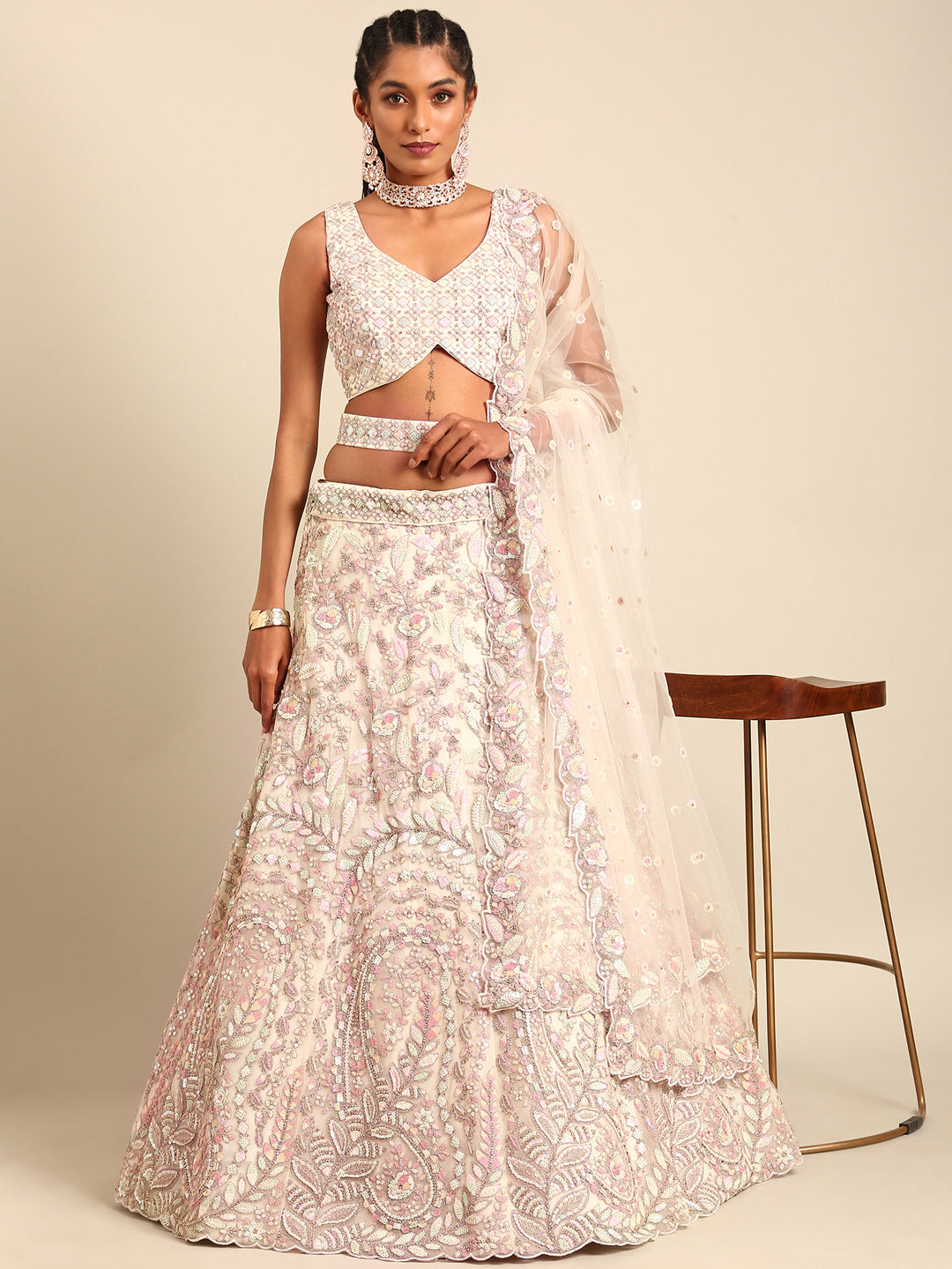 House of Panchhi Cream Net Multi Sequins with heavy Zarkan embroidery Lehenga choli & Dupatta | Swadesiicart