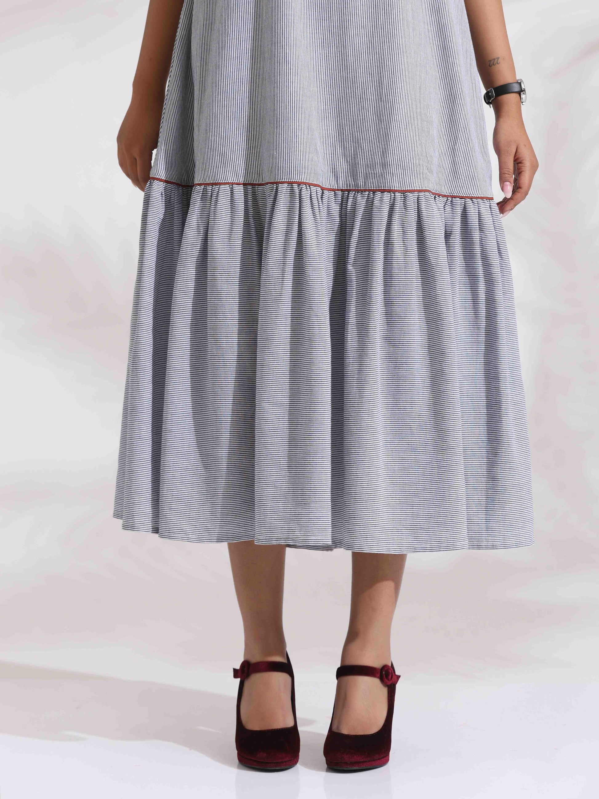 trueBrowns trueBrown Grey Cotton Stripe Tier Dress | Swadesiicart