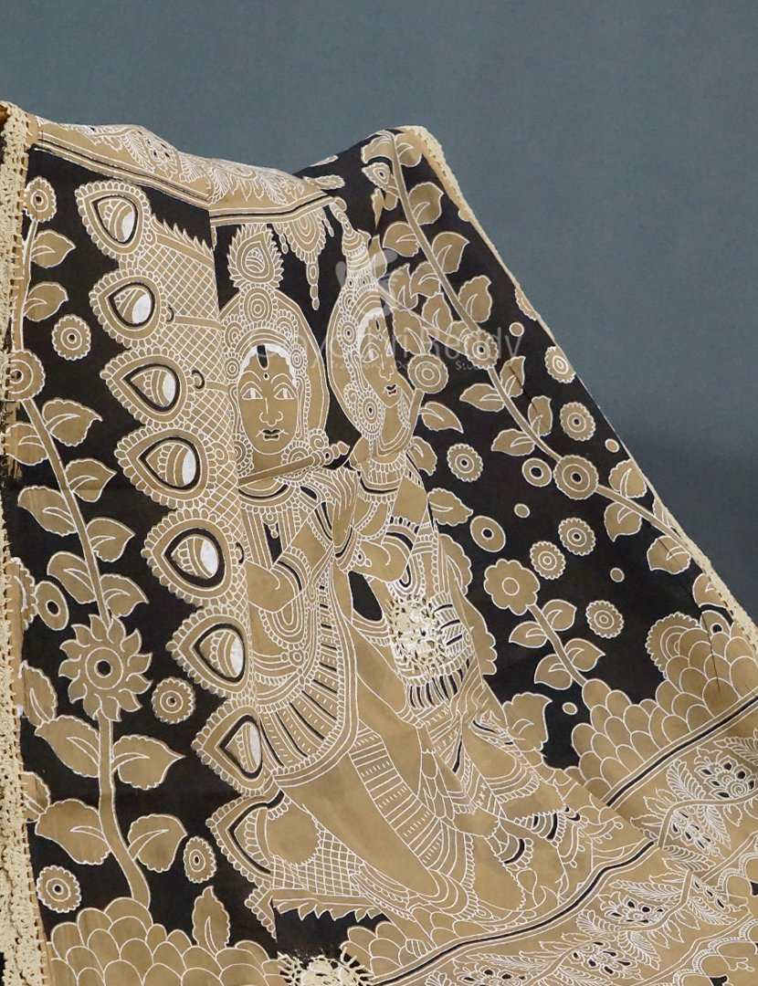 Black And Khaki Combo Colour Pichwai Print Crocia Mulmul Cotton Saree By Gayathri Reddy Designer Studio | Swadesiicart