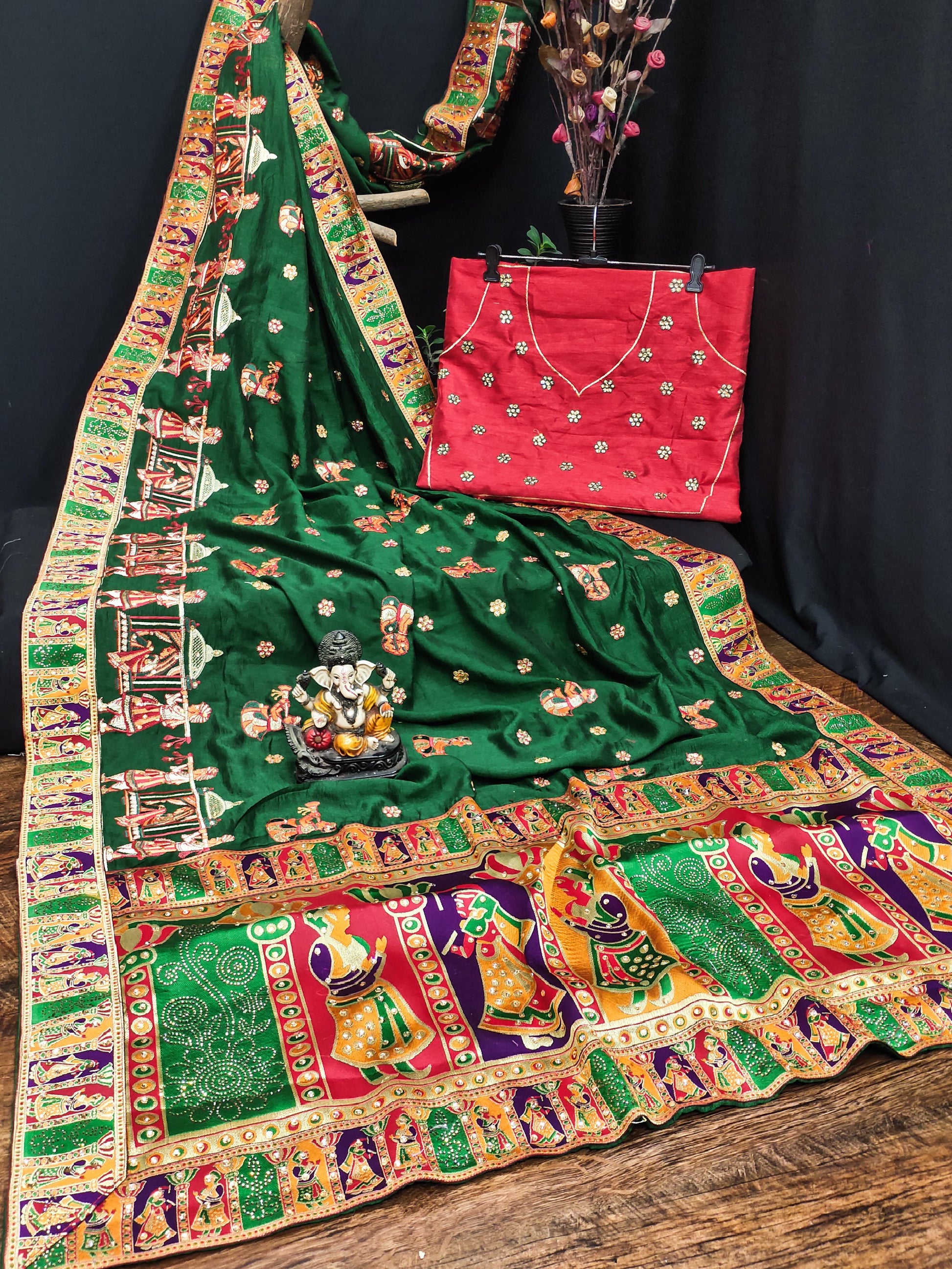 Lorenvalley Fashion Premium Green Vichitra Silk Embroidery and Diamond work Both Side Saree - Swadesiicart